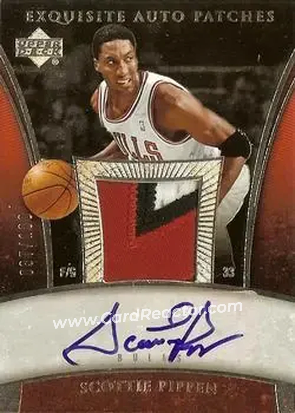 2005-06 Upper Deck Exquisite Collection - Autographs Patches #AP-SP - Scottie Pippen - Chicago Bulls - Front 2005-06 Upper Deck Exquisite Collection - Autographs Patches #AP-SP - Scottie Pippen - Chicago Bulls - Front