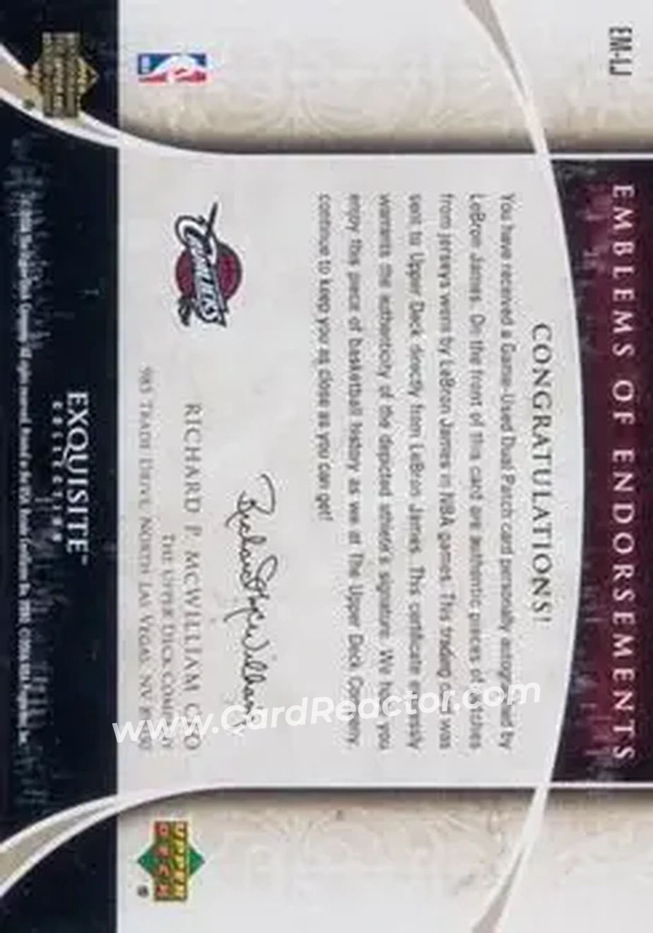 2005-06 Upper Deck Exquisite Collection - Emblems of Endorsements #EM-LJ - LeBron James - Cleveland Cavaliers - Back 2005-06 Upper Deck Exquisite Collection - Emblems of Endorsements #EM-LJ - LeBron James - Cleveland Cavaliers - Back