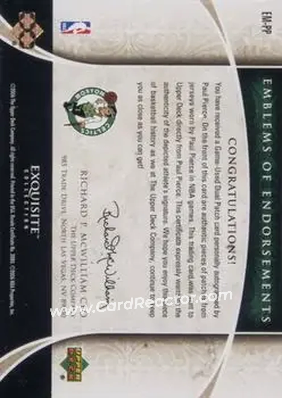 2005-06 Upper Deck Exquisite Collection - Emblems of Endorsements #EM-PP - Paul Pierce - Boston Celtics - Back