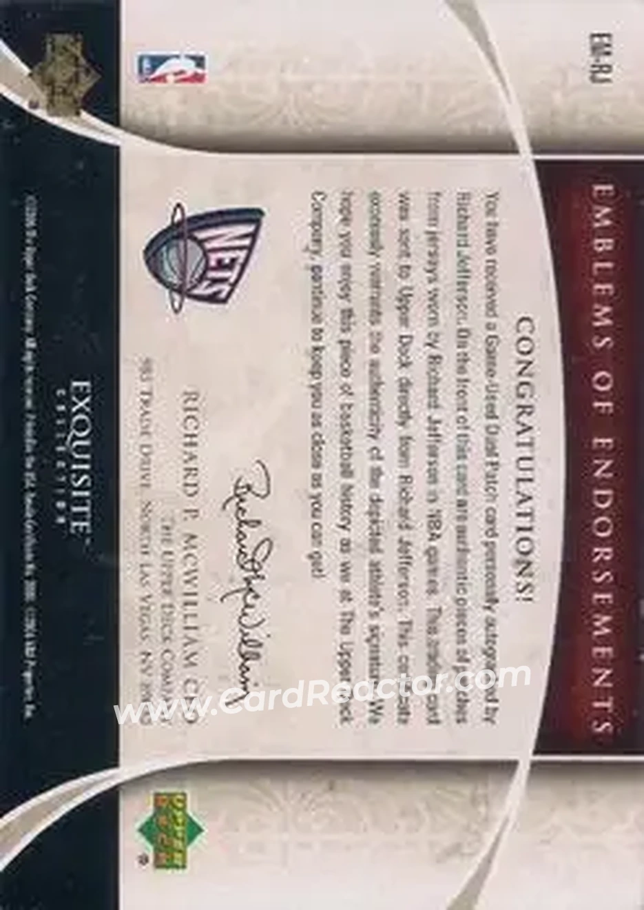 2005-06 Upper Deck Exquisite Collection - Emblems of Endorsements #EM-RJ - Richard Jefferson - New Jersey Nets - Back 2005-06 Upper Deck Exquisite Collection - Emblems of Endorsements #EM-RJ - Richard Jefferson - New Jersey Nets - Back