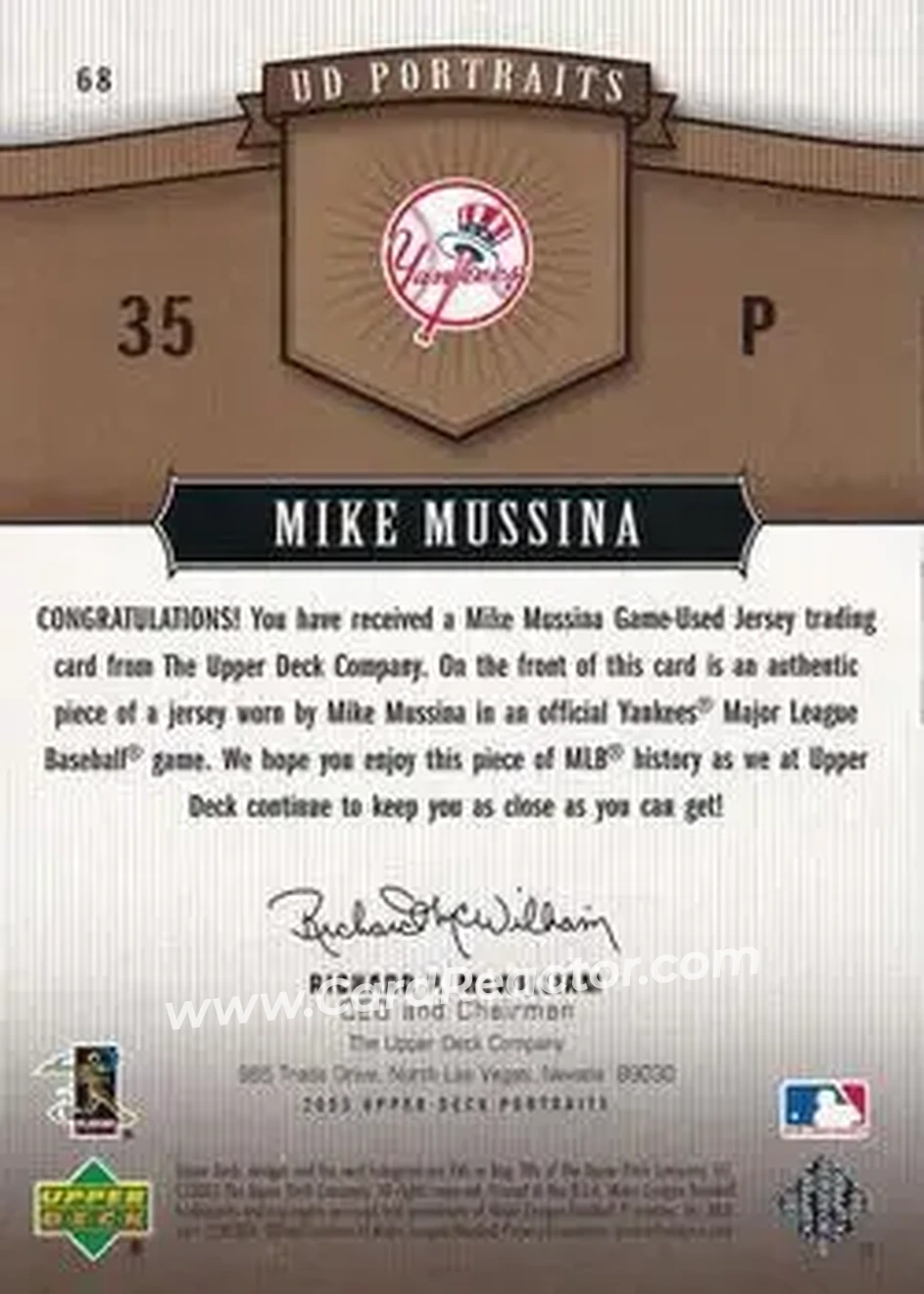 2005 Upper Deck Portraits - Jersey Gold #68 - Mike Mussina - New York Yankees - Back