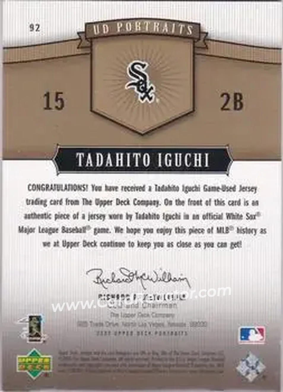 2005 Upper Deck Portraits - Jersey Gold #92 - Tadahito Iguchi - Chicago White Sox - Back
