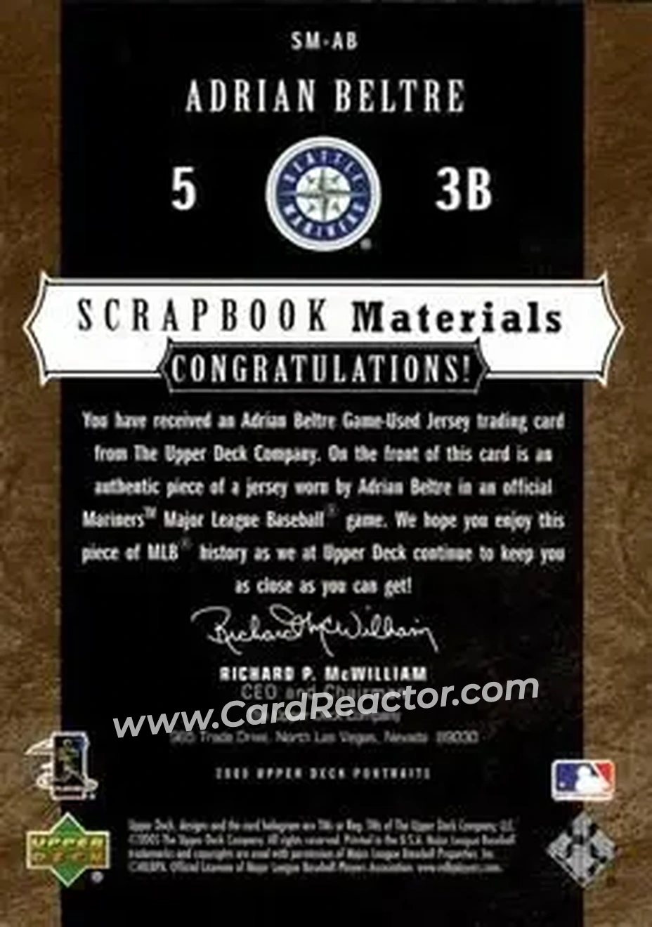 2005 Upper Deck Portraits - Scrapbook Materials #SM-AB - Adrian Beltré - Seattle Mariners - Back