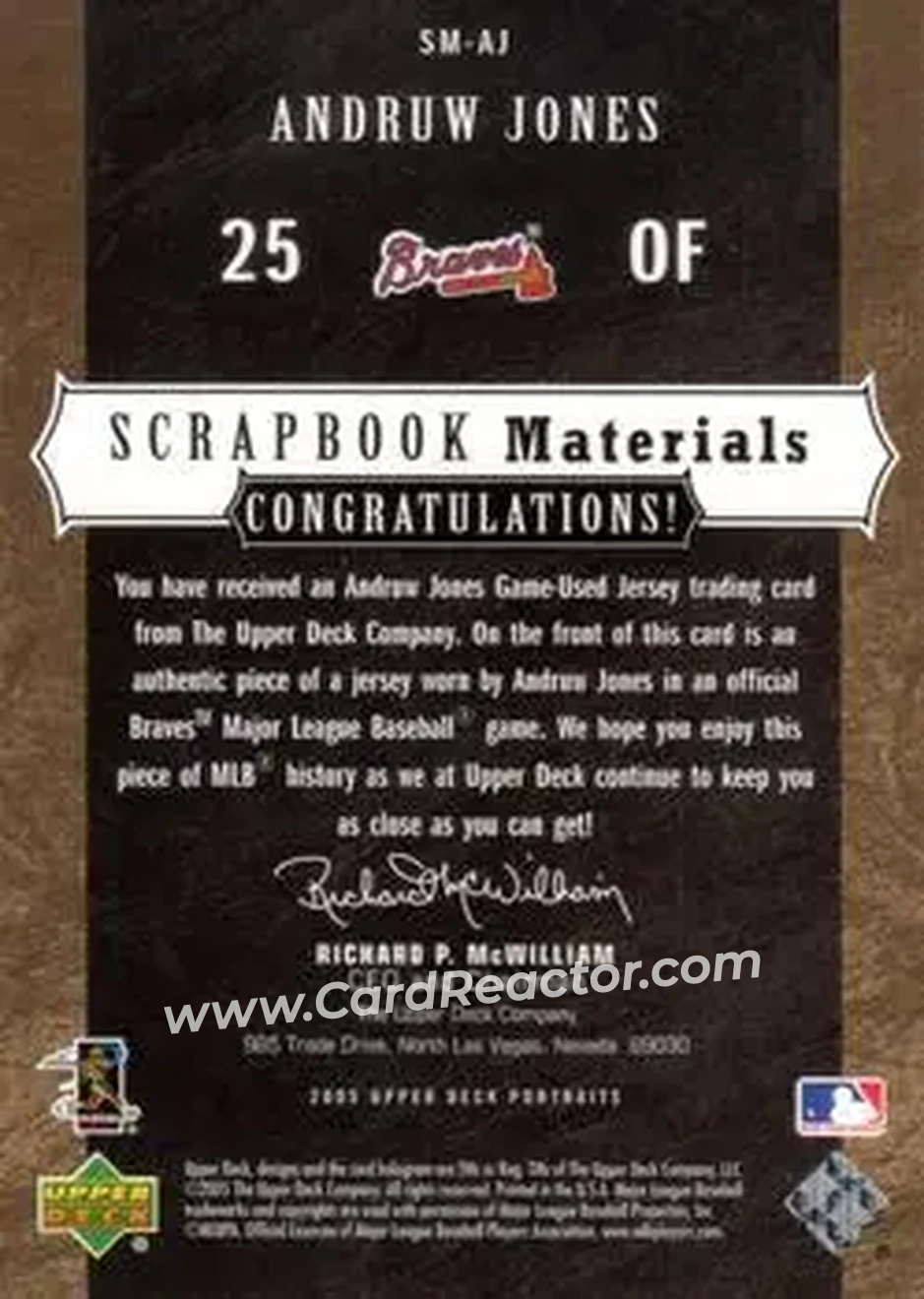 2005 Upper Deck Portraits - Scrapbook Materials #SM-AJ - Andruw Jones - Atlanta Braves - Back