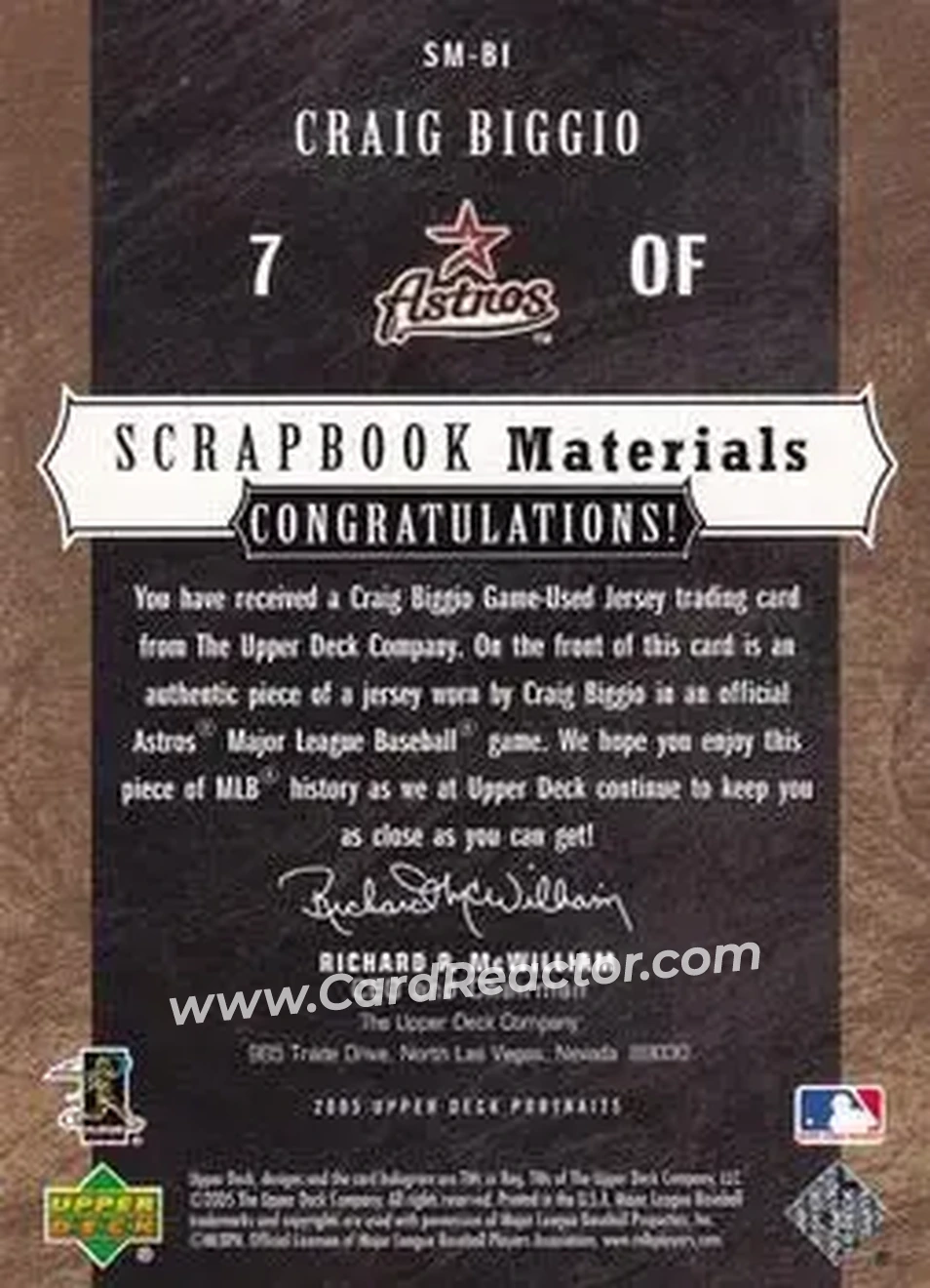 2005 Upper Deck Portraits - Scrapbook Materials #SM-BI - Craig Biggio - Houston Astros - Back