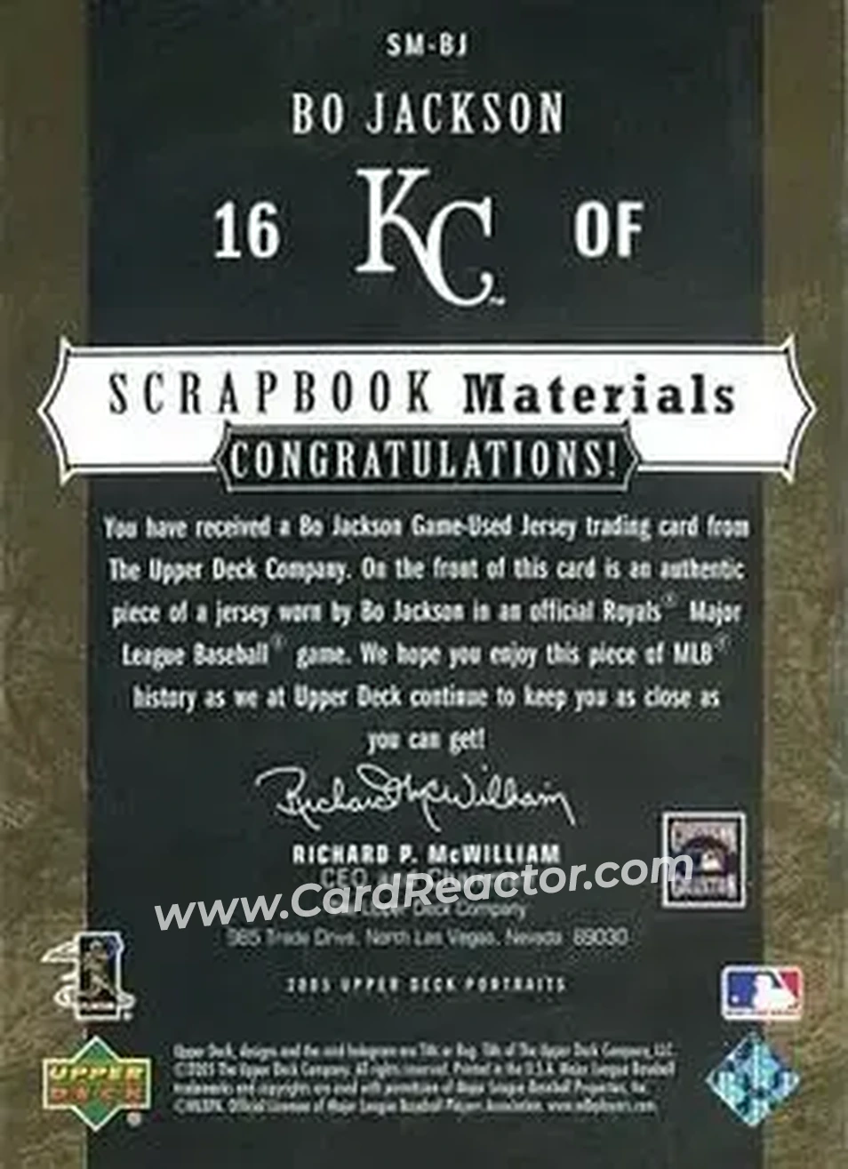 2005 Upper Deck Portraits - Scrapbook Materials #SM-BJ - Bo Jackson - Kansas City Royals - Back