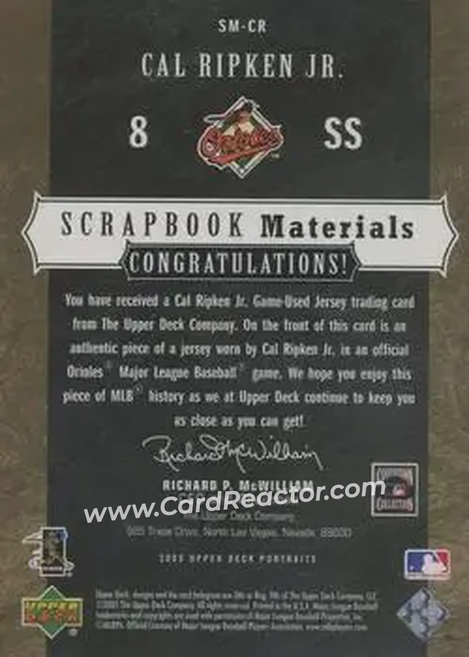 2005 Upper Deck Portraits - Scrapbook Materials #SM-CR - Cal Ripken - Baltimore Orioles - Back