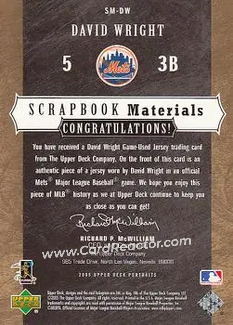 2005 Upper Deck Portraits - Scrapbook Materials #SM-DW - David Wright - New York Mets - Back