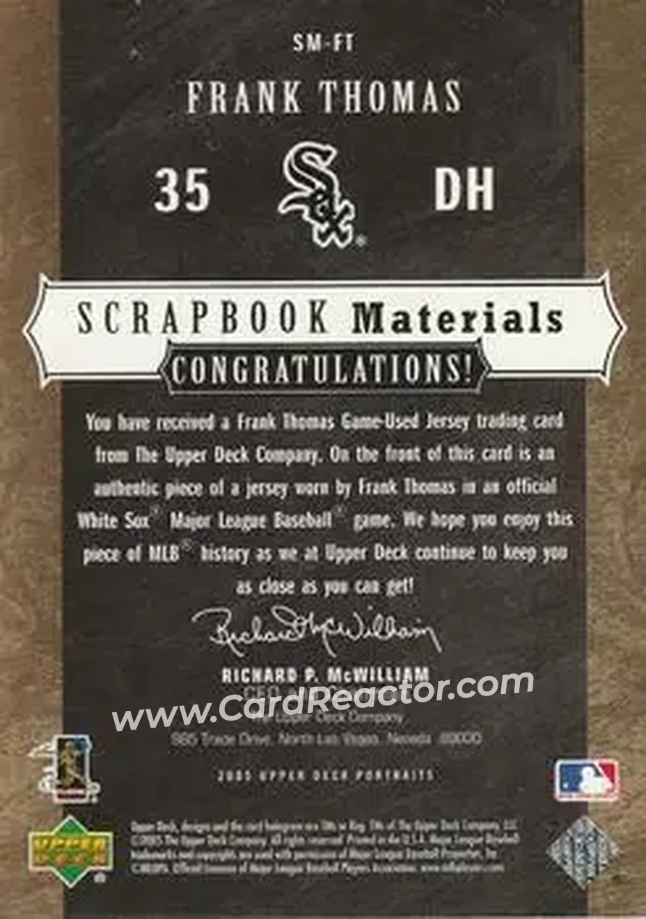 2005 Upper Deck Portraits - Scrapbook Materials #SM-FT - Frank Thomas - Chicago White Sox - Back