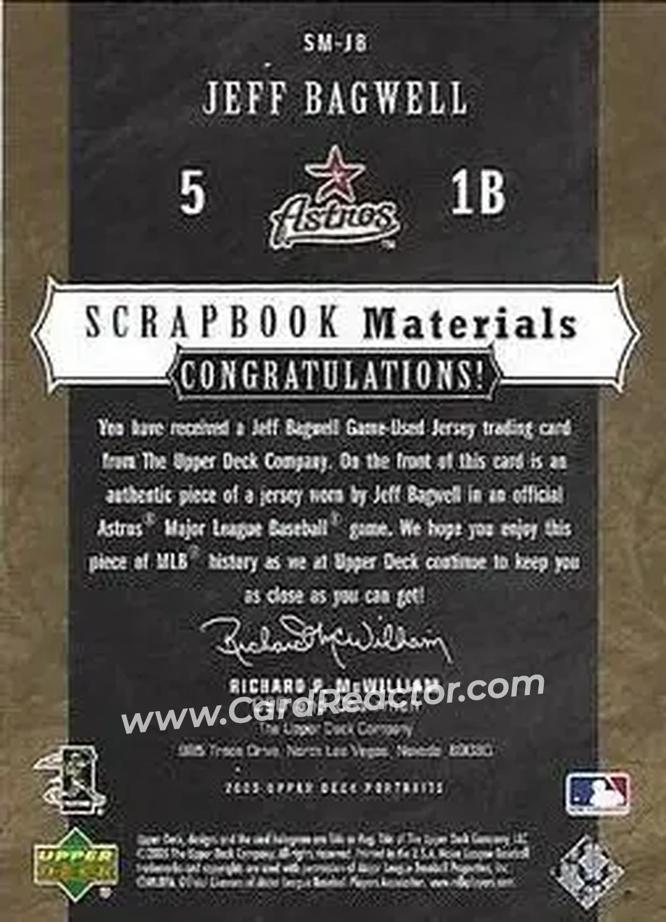 2005 Upper Deck Portraits - Scrapbook Materials #SM-JB - Jeff Bagwell - Houston Astros - Back 2005 Upper Deck Portraits - Scrapbook Materials #SM-JB - Jeff Bagwell - Houston Astros - Back