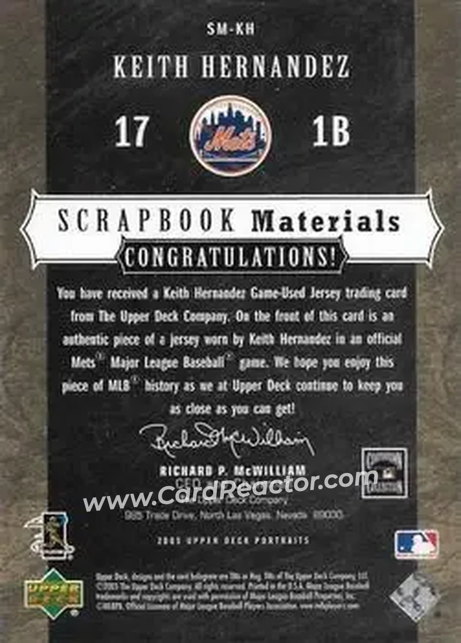 2005 Upper Deck Portraits - Scrapbook Materials #SM-KH - Keith Hernandez - New York Mets - Back 2005 Upper Deck Portraits - Scrapbook Materials #SM-KH - Keith Hernandez - New York Mets - Back