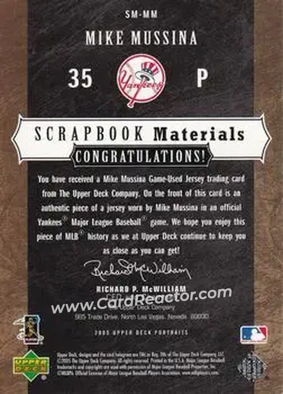2005 Upper Deck Portraits - Scrapbook Materials #SM-MM - Mike Mussina - New York Yankees - Back