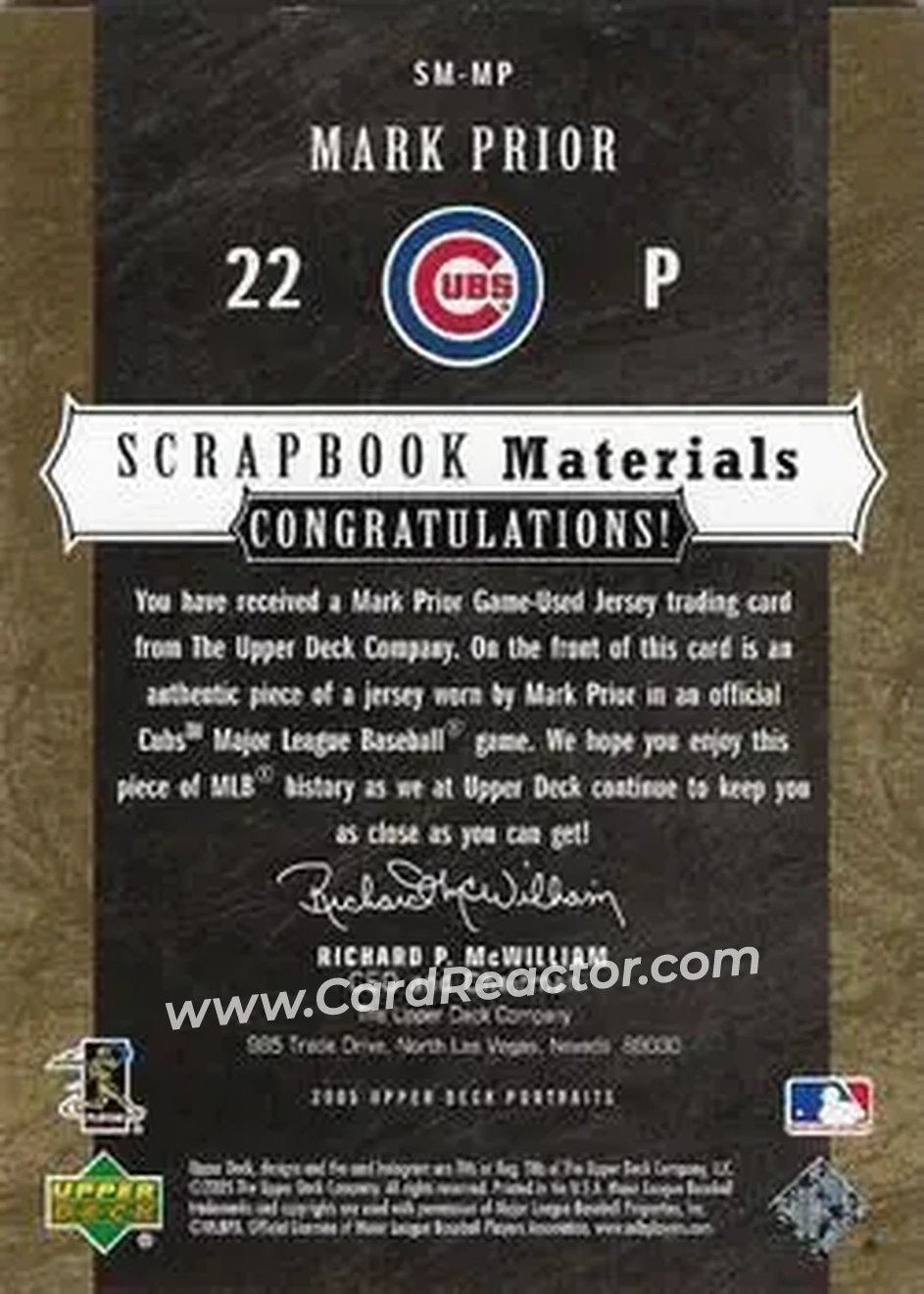 2005 Upper Deck Portraits - Scrapbook Materials #SM-MP - Mark Prior - Chicago Cubs - Back