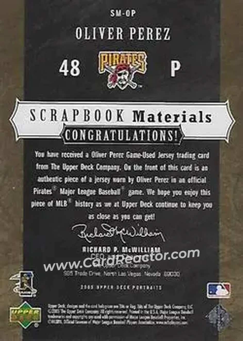 2005 Upper Deck Portraits - Scrapbook Materials #SM-OP - Oliver Perez - Pittsburgh Pirates - Back