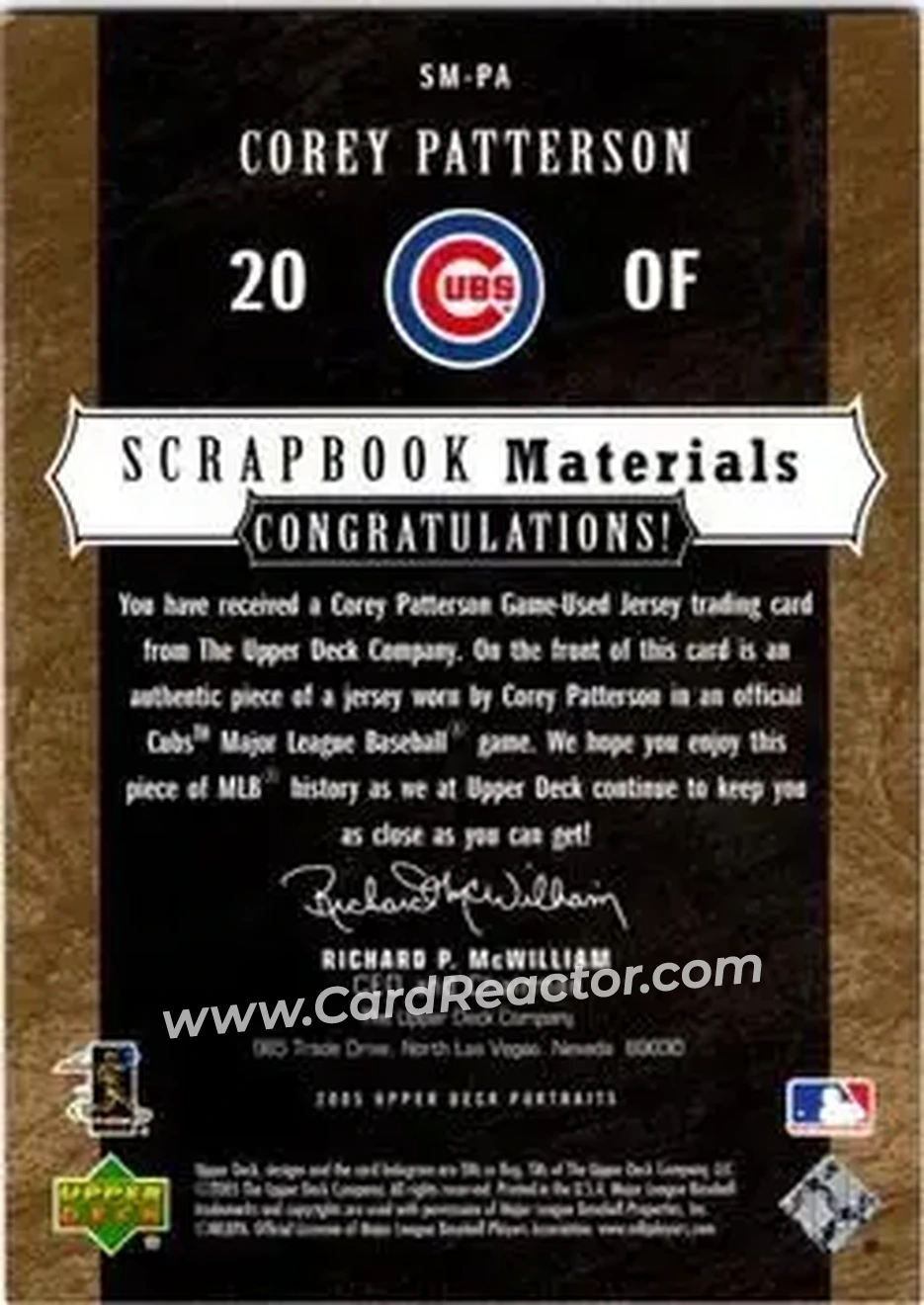 2005 Upper Deck Portraits - Scrapbook Materials #SM-PA - Corey Patterson - Chicago Cubs - Back