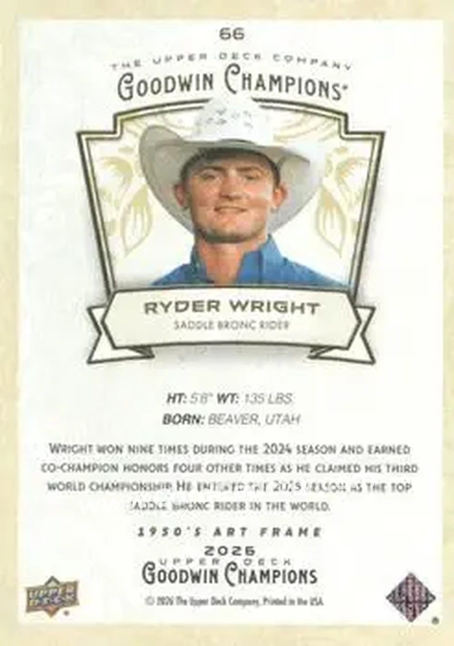 2026 Upper Deck Goodwin Champions - 1950s Art Frame Variants #66 - Ryder Wright - Back