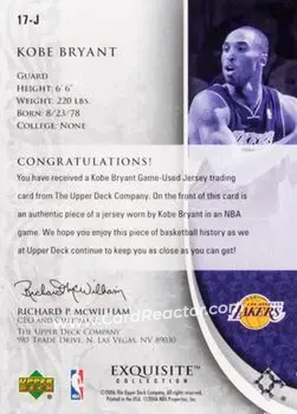 2005-06 Upper Deck Exquisite Collection - Extra Exquisite #EX-KB - Kobe Bryant - Los Angeles Lakers - Back