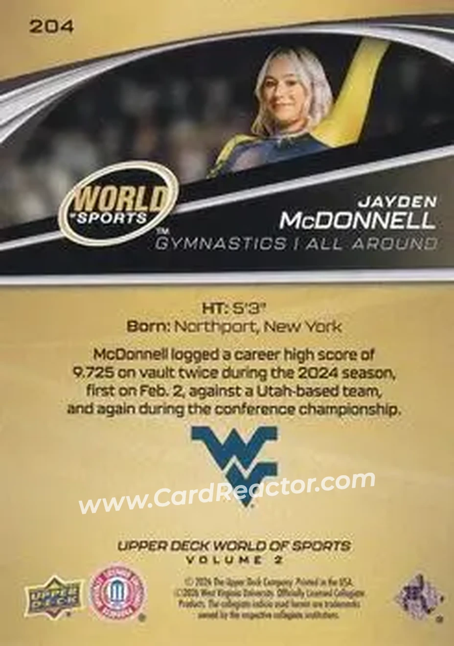 2026 Upper Deck World of Sports Volume II #204 - Jayden McDonnell - West Virginia Mountaineers - Back