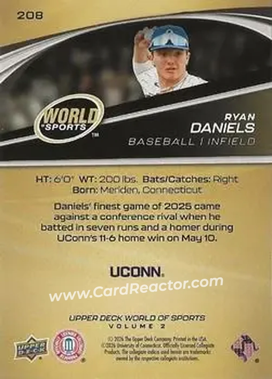 2026 Upper Deck World of Sports Volume II #208 - Ryan Daniels - Connecticut Huskies - Back