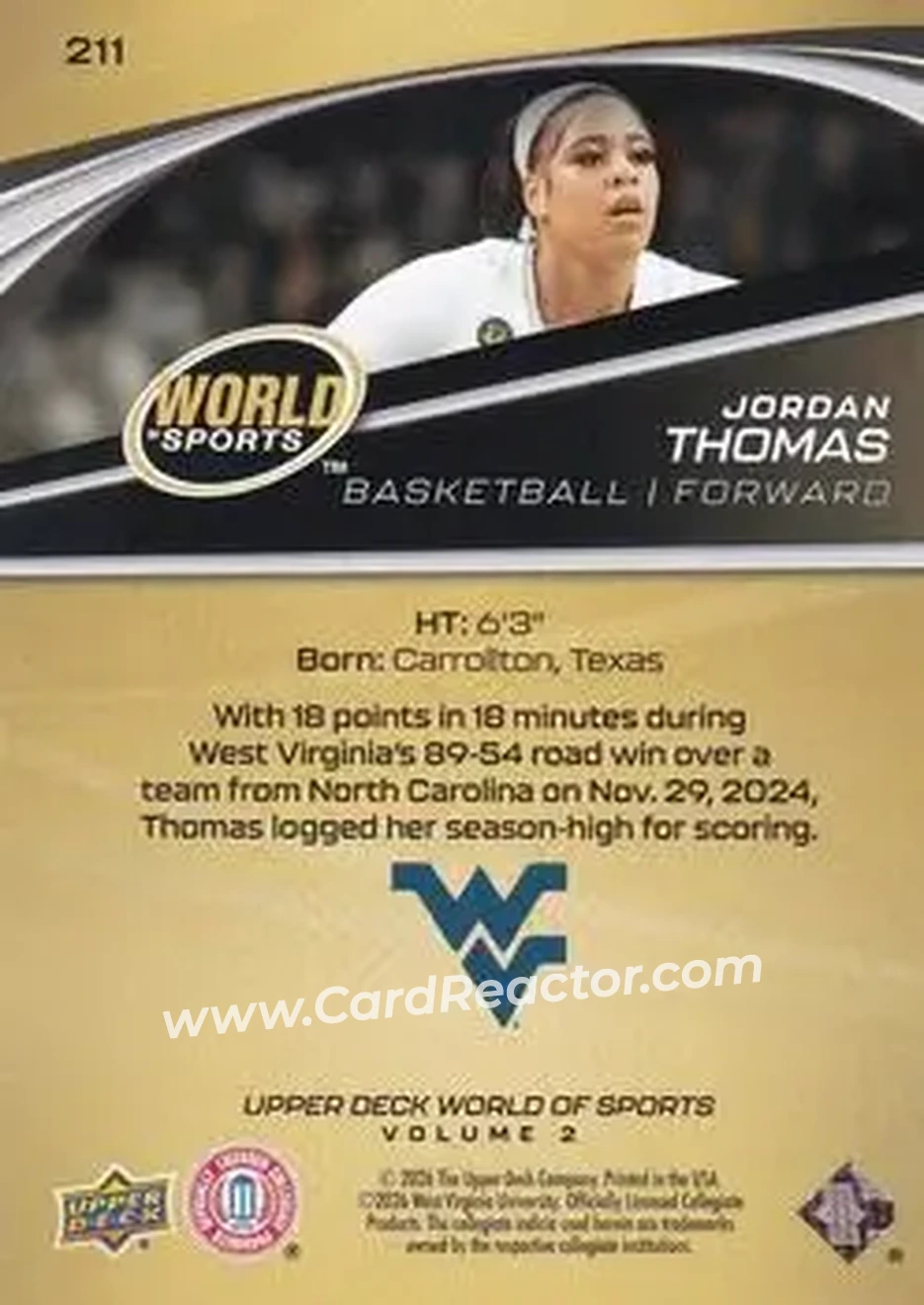 2026 Upper Deck World of Sports Volume II #211 - Jordan Thomas - West Virginia Mountaineers - Back