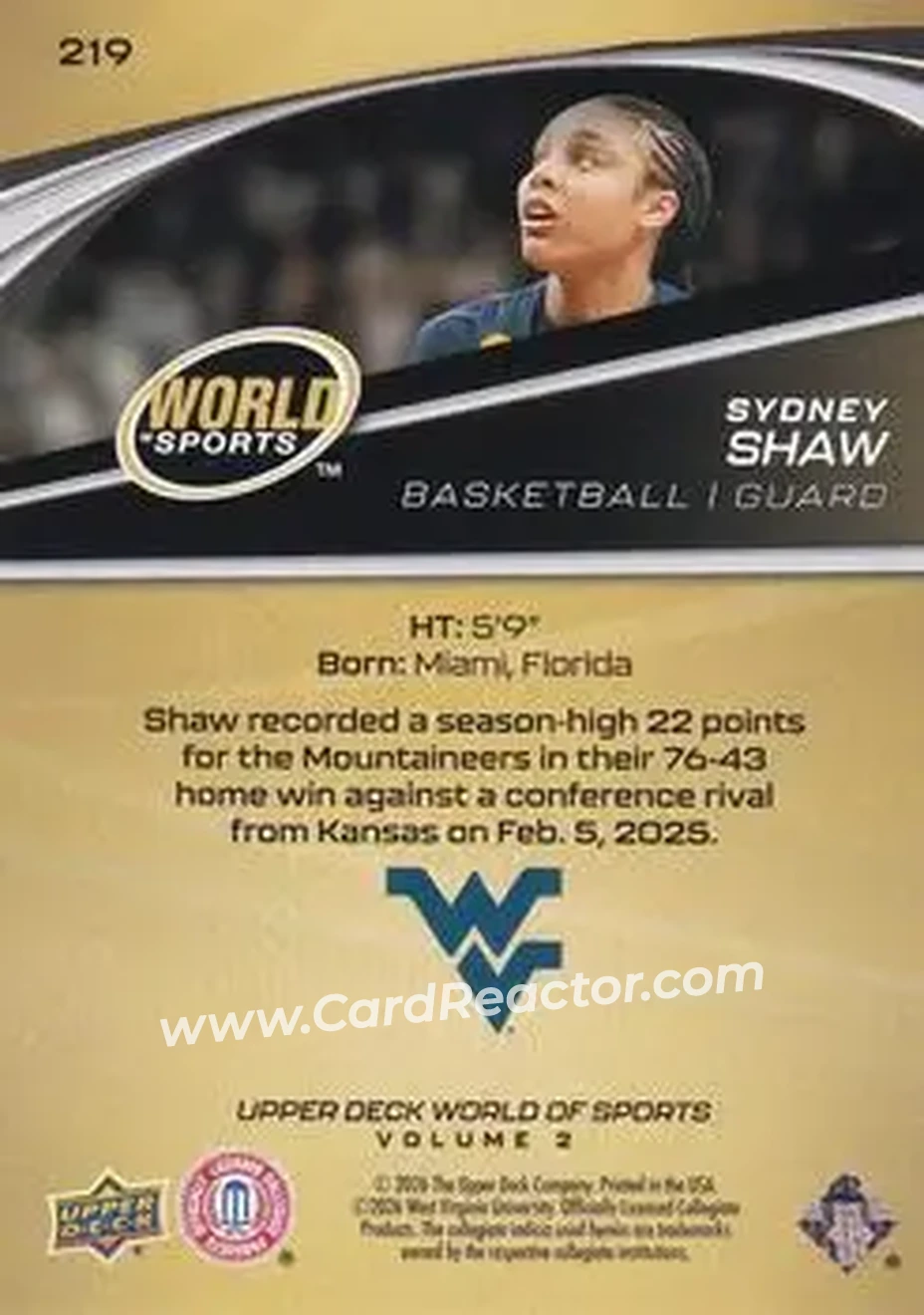2026 Upper Deck World of Sports Volume II #219 - Sydney Shaw - West Virginia Mountaineers - Back