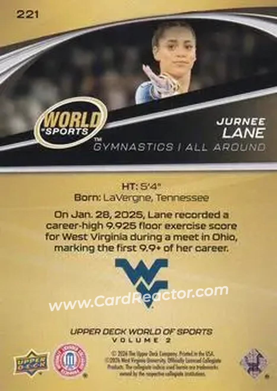 2026 Upper Deck World of Sports Volume II #221 - Jurnee Lane - West Virginia Mountaineers - Back