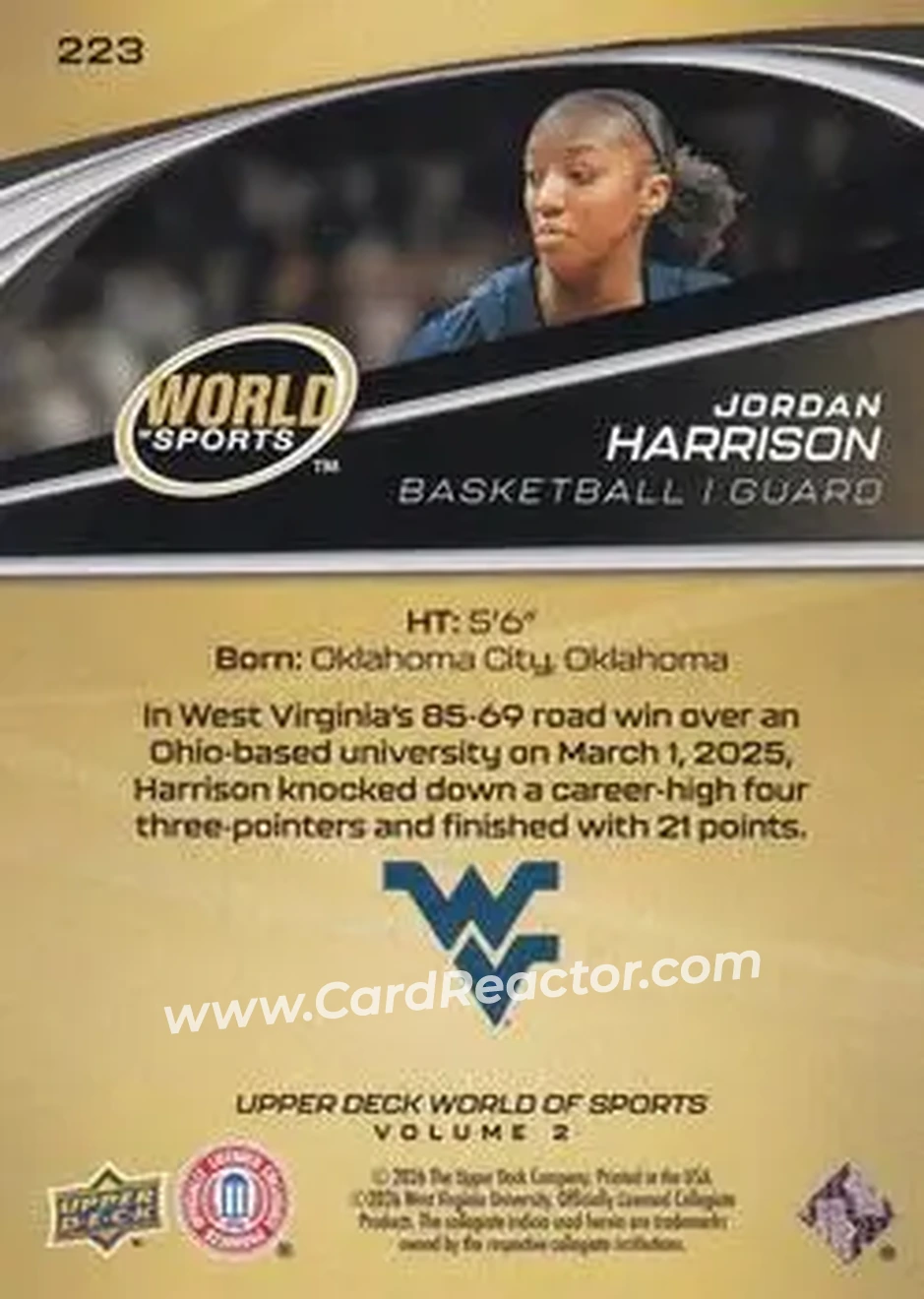 2026 Upper Deck World of Sports Volume II #223 - Jordan Harrison - West Virginia Mountaineers - Back