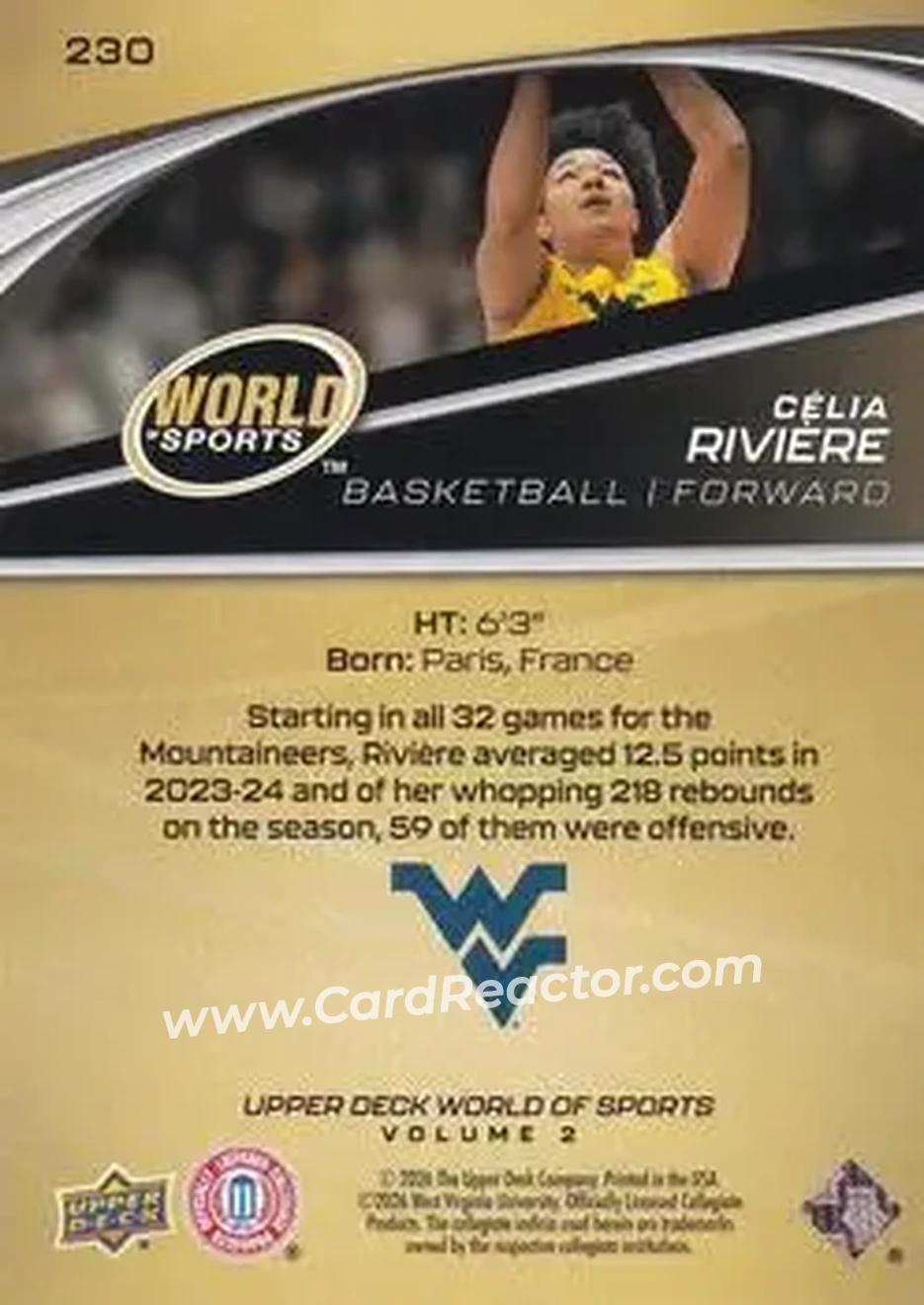 2026 Upper Deck World of Sports Volume II #230 - Célia Rivière - West Virginia Mountaineers - Back
