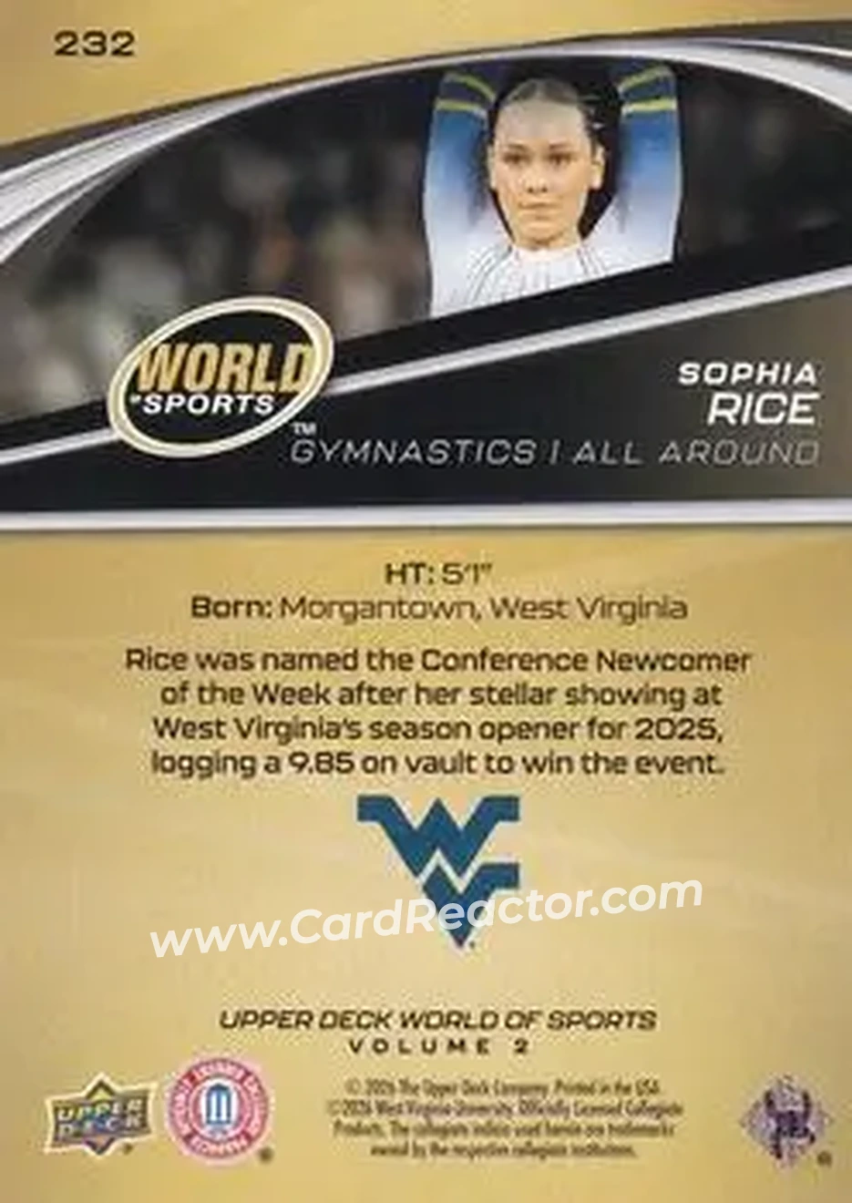 2026 Upper Deck World of Sports Volume II #232 - Sophia Rice - West Virginia Mountaineers - Back