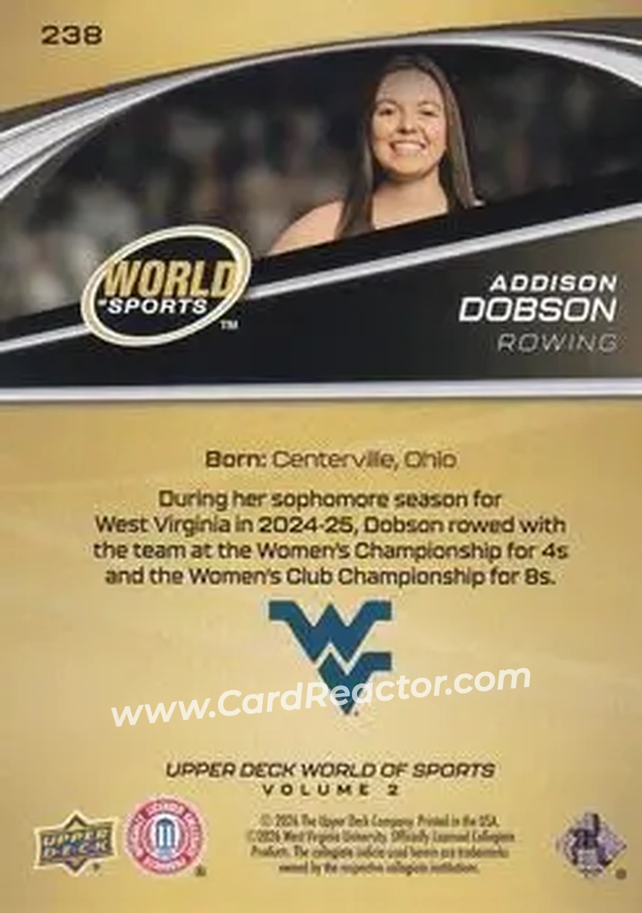 2026 Upper Deck World of Sports Volume II #238 - Addison Dobson - West Virginia Mountaineers - Back