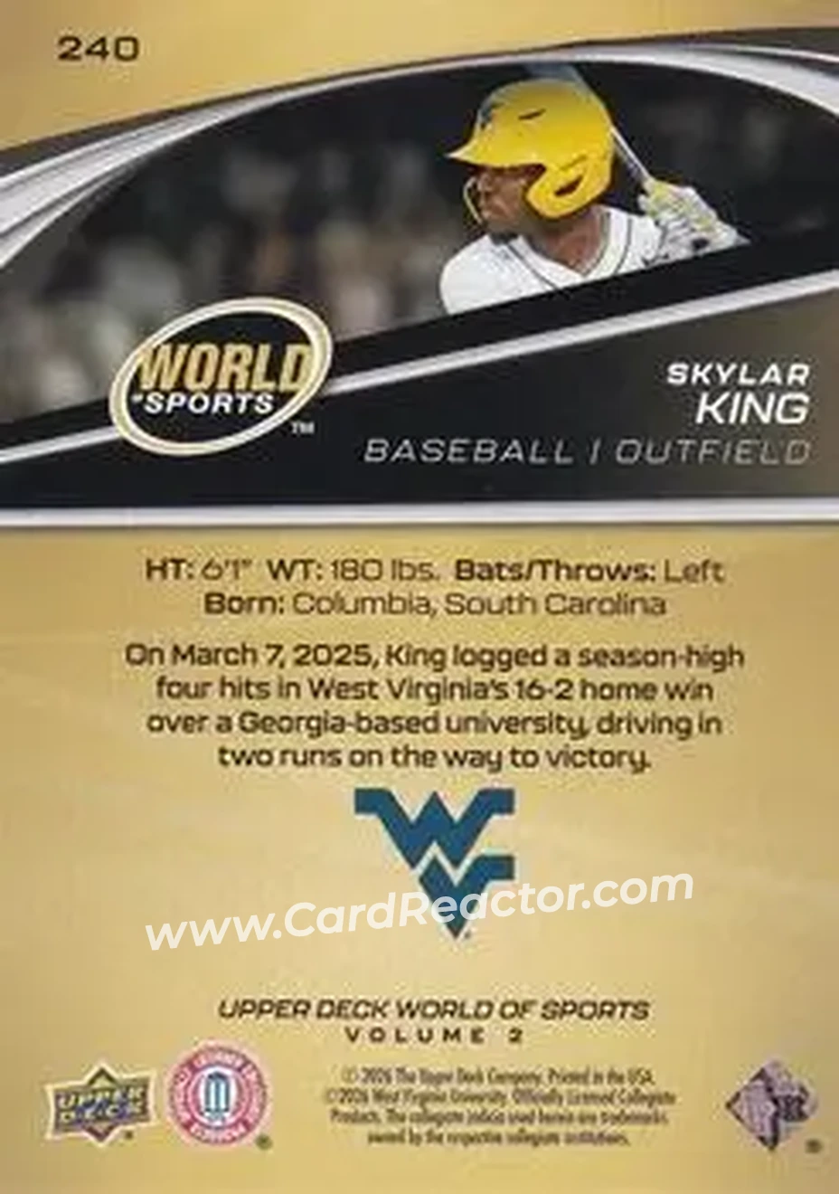 2026 Upper Deck World of Sports Volume II #240 - Skylar King - West Virginia Mountaineers - Back