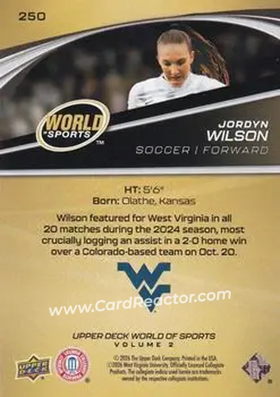 2026 Upper Deck World of Sports Volume II #250 - Jordyn Wilson - West Virginia Mountaineers - Back