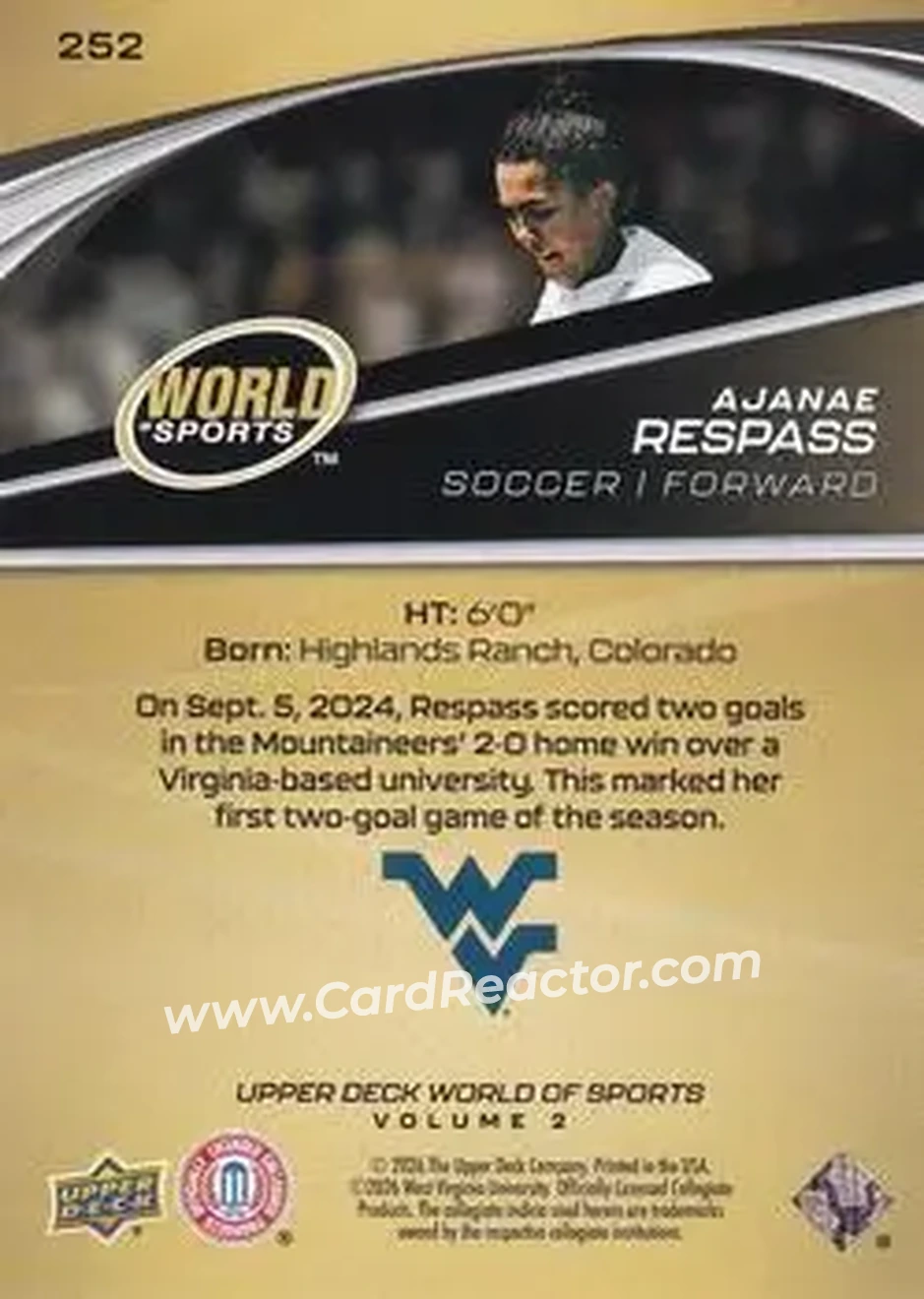 2026 Upper Deck World of Sports Volume II #252 - Ajanae Respass - West Virginia Mountaineers - Back