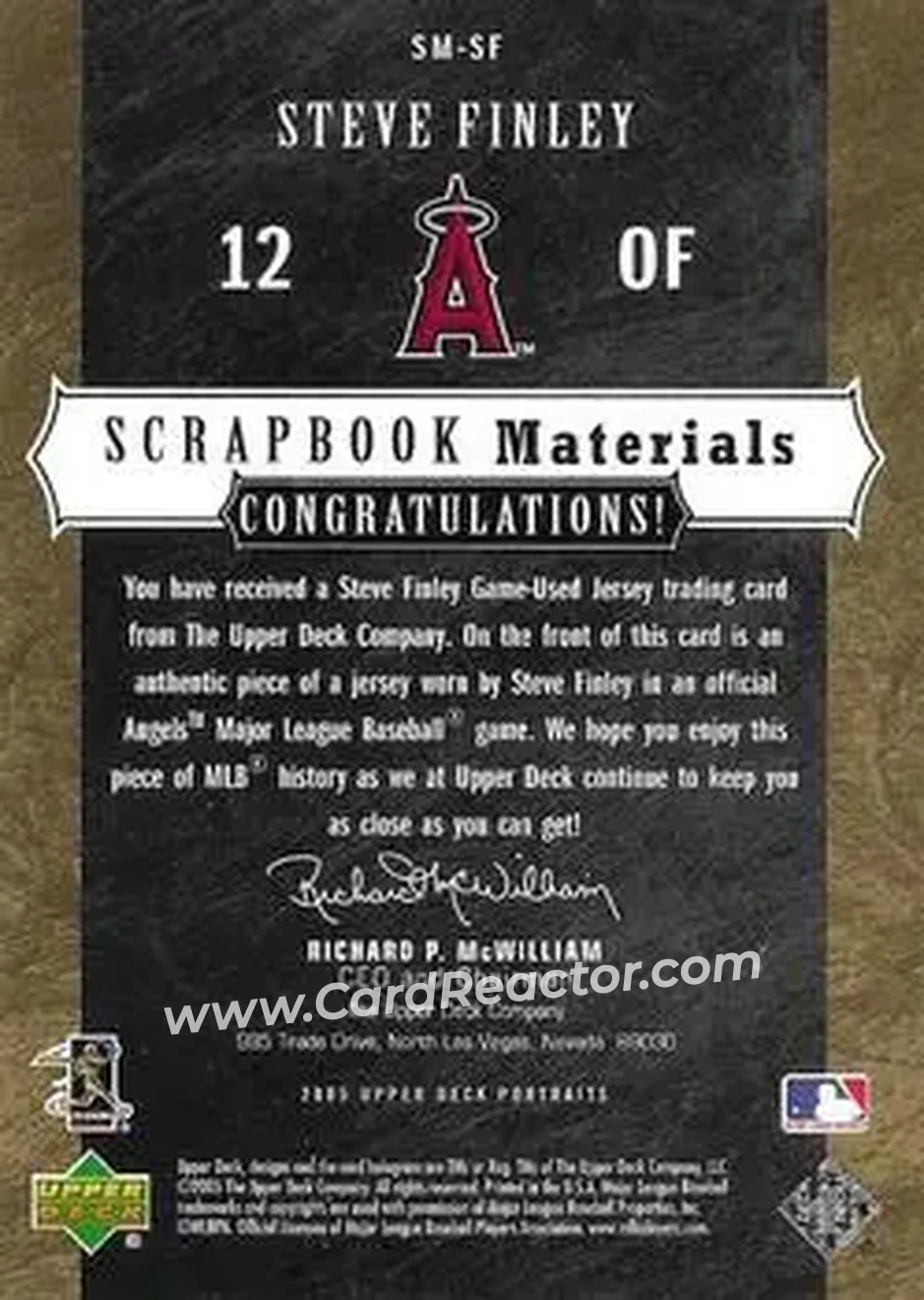 2005 Upper Deck Portraits - Scrapbook Materials #SM-SF - Steve Finley - Anaheim Angels - Back 2005 Upper Deck Portraits - Scrapbook Materials #SM-SF - Steve Finley - Anaheim Angels - Back
