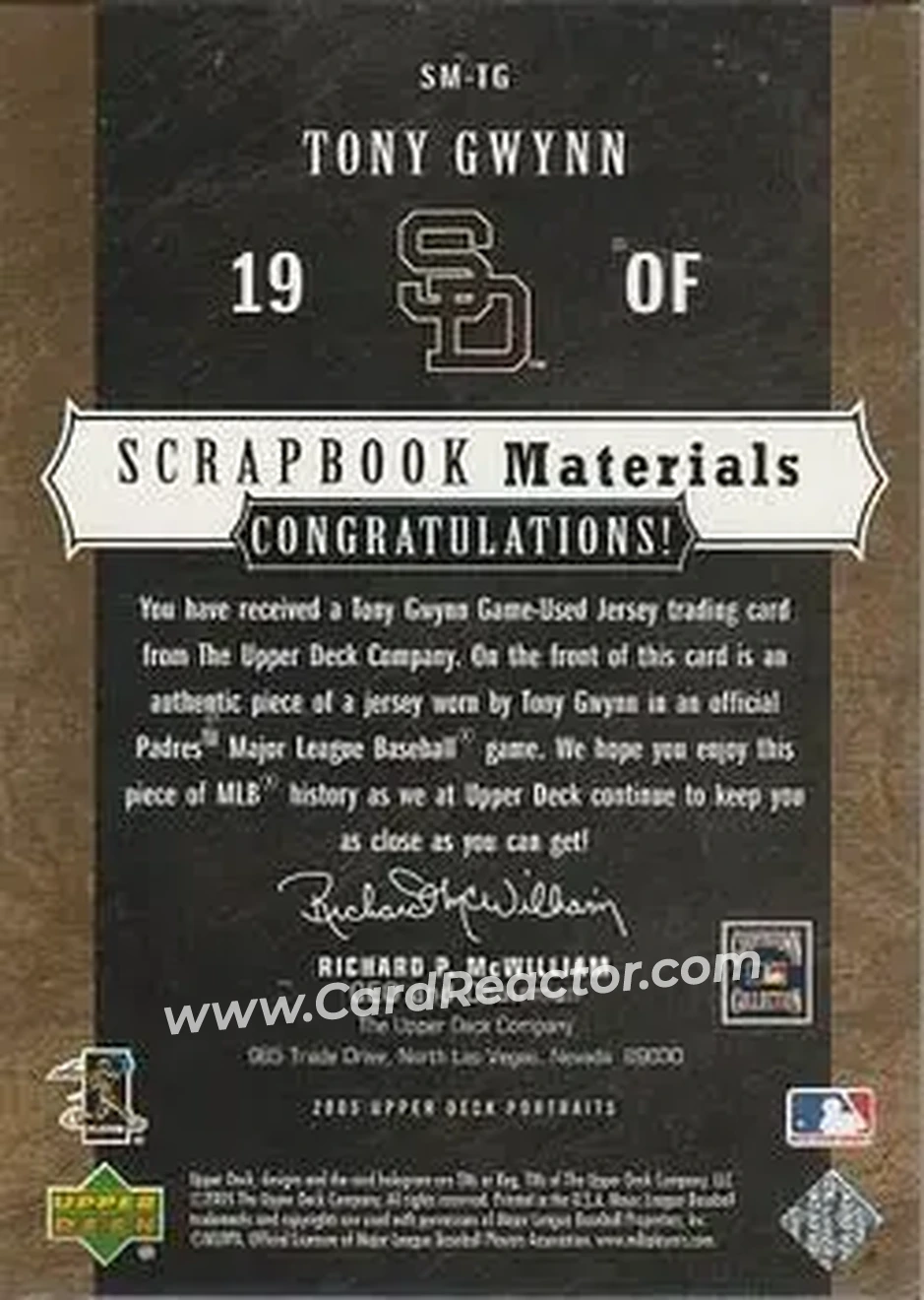 2005 Upper Deck Portraits - Scrapbook Materials #SM-TG - Tony Gwynn - San Diego Padres - Back