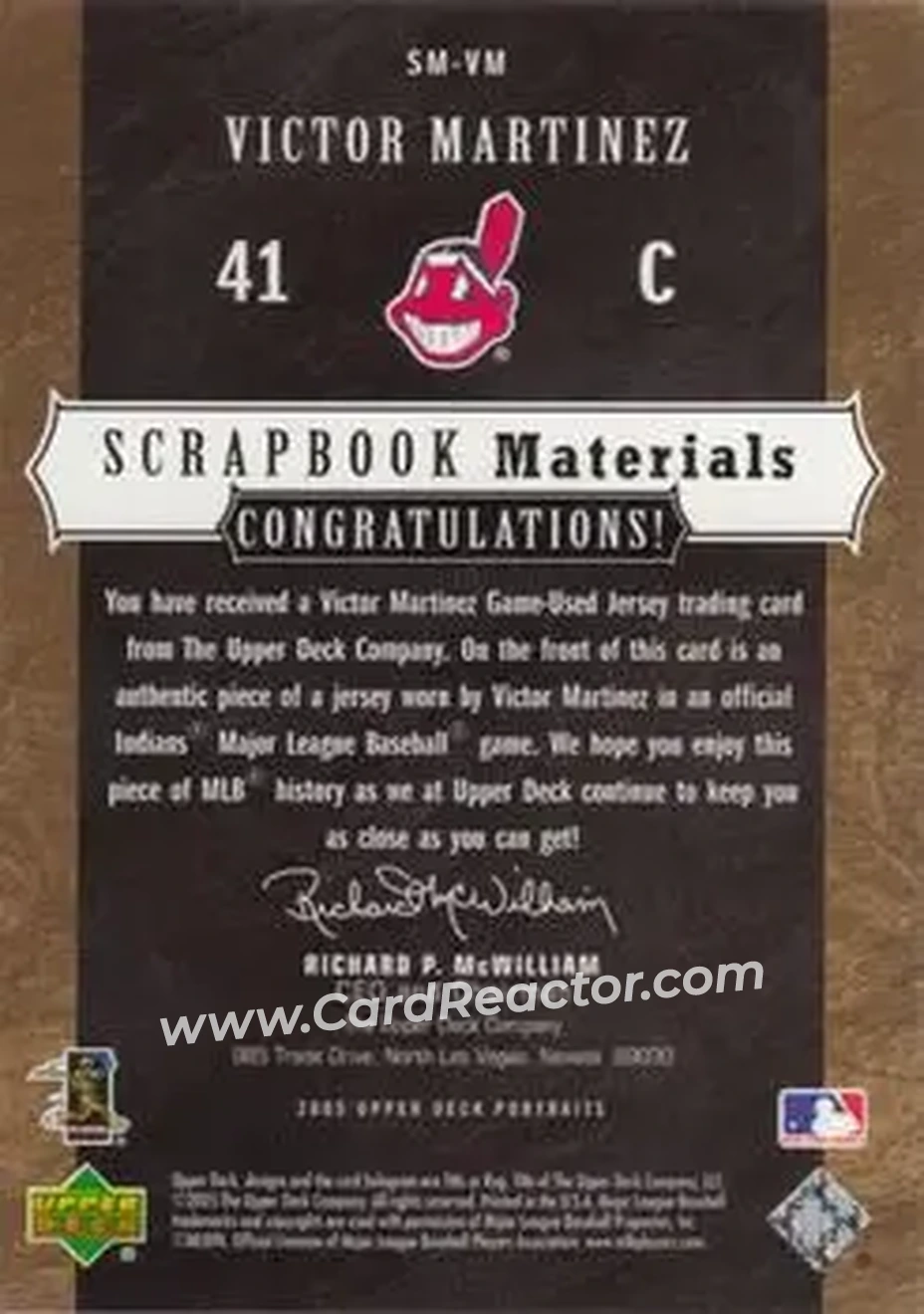 2005 Upper Deck Portraits - Scrapbook Materials #SM-VM - Victor Martinez - Cleveland Indians - Back 2005 Upper Deck Portraits - Scrapbook Materials #SM-VM - Victor Martinez - Cleveland Indians - Back