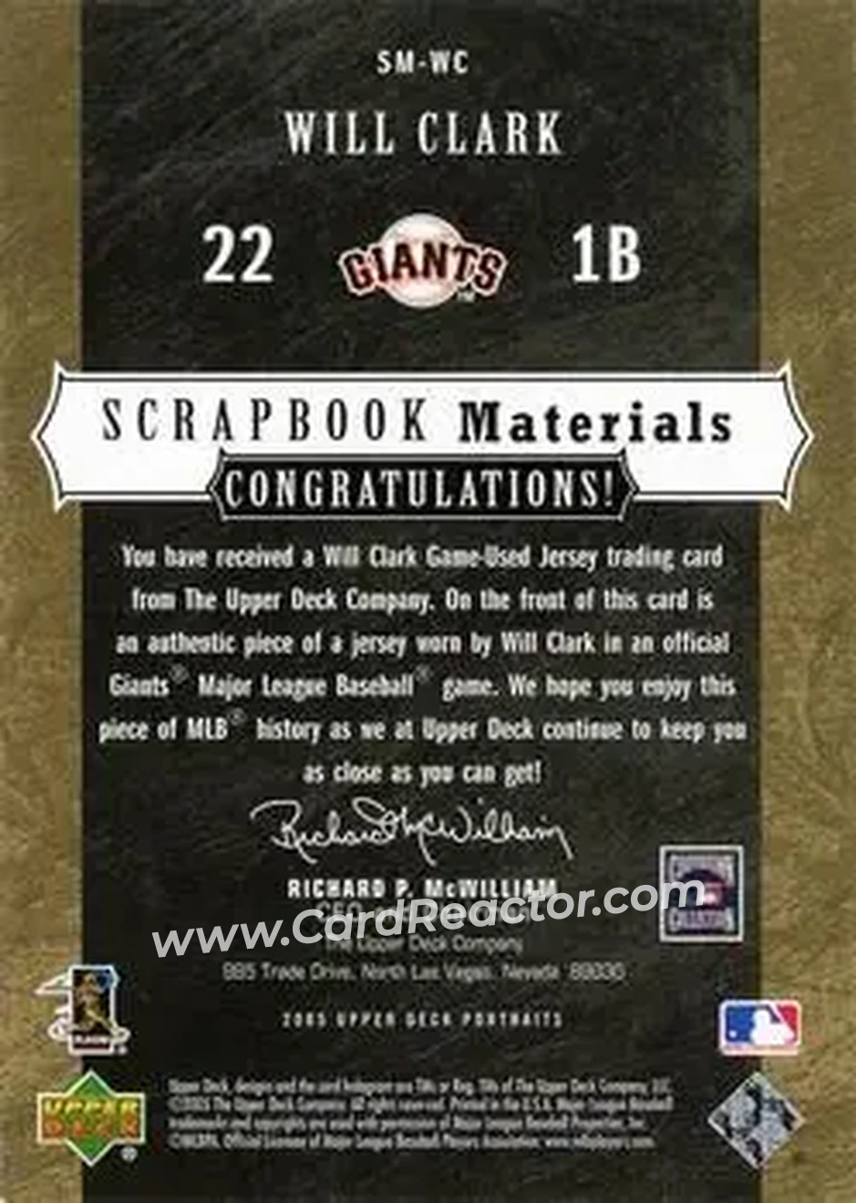 2005 Upper Deck Portraits - Scrapbook Materials #SM-WC - Will Clark - San Francisco Giants - Back