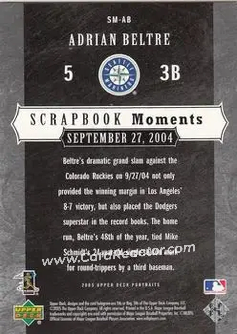 2005 Upper Deck Portraits - Scrapbook Moments #SM-AB - Adrian Beltré - Seattle Mariners - Back