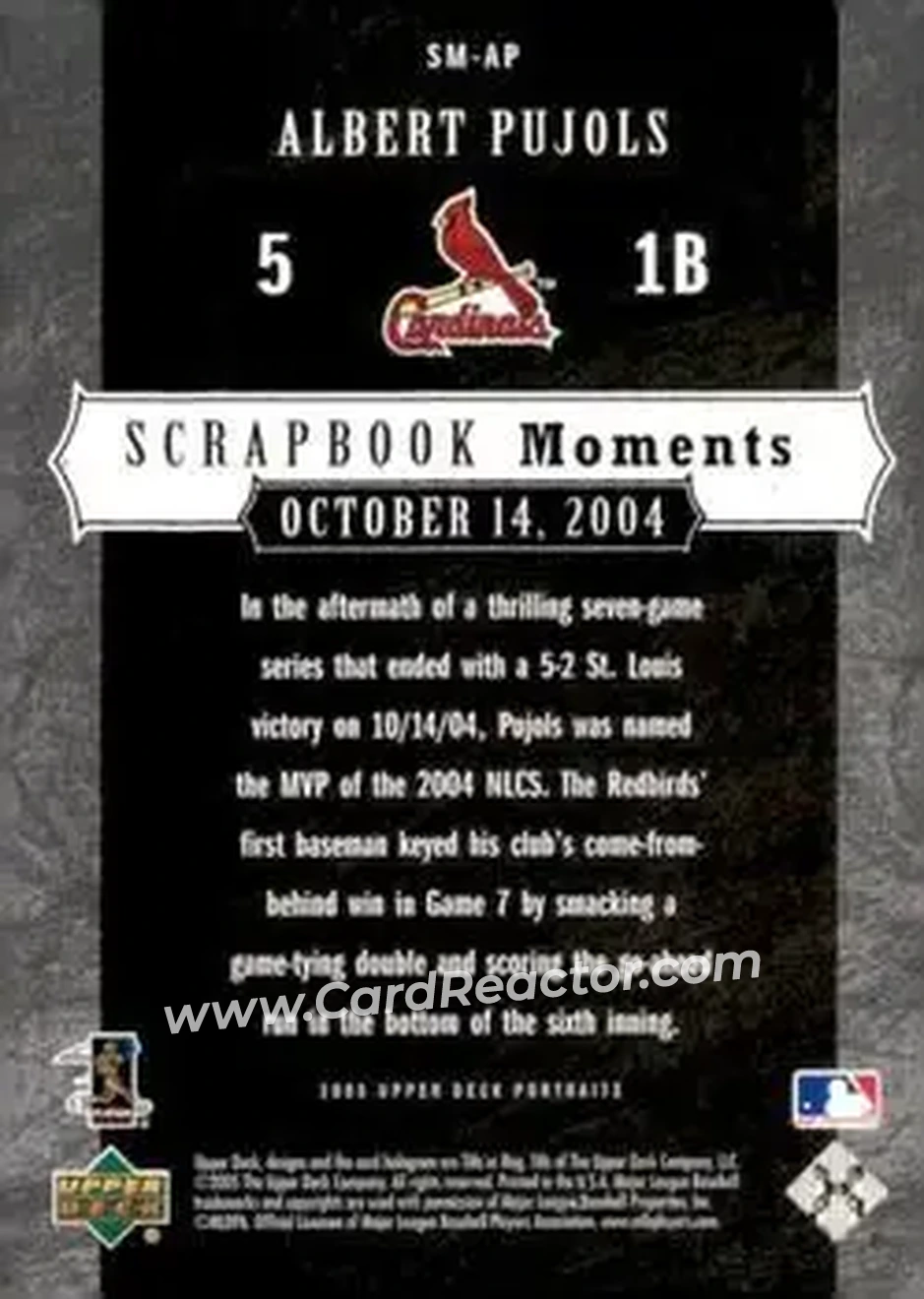 2005 Upper Deck Portraits - Scrapbook Moments #SM-AP - Albert Pujols - St. Louis Cardinals - Back 2005 Upper Deck Portraits - Scrapbook Moments #SM-AP - Albert Pujols - St. Louis Cardinals - Back