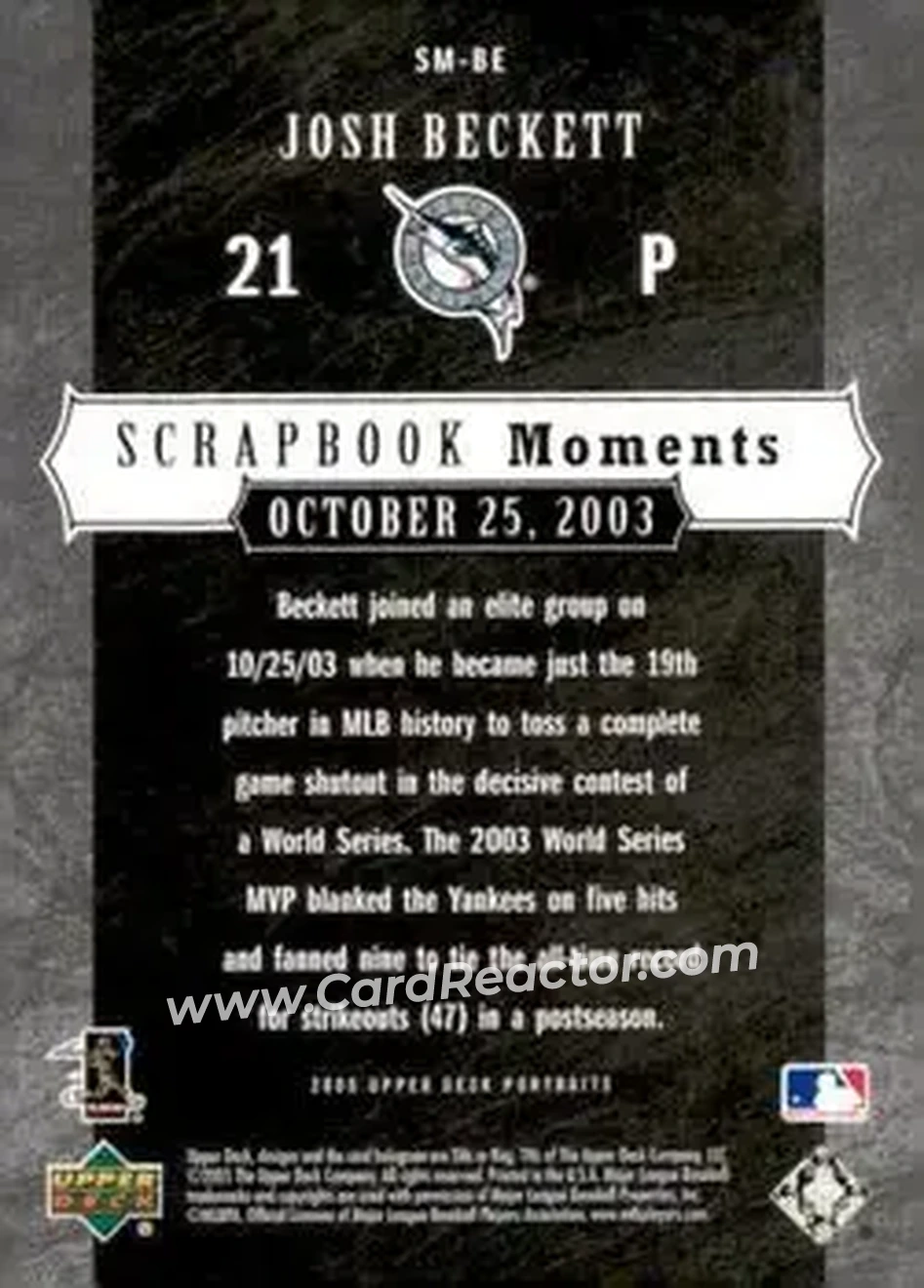 2005 Upper Deck Portraits - Scrapbook Moments #SM-BE - Josh Beckett - Florida Marlins - Back