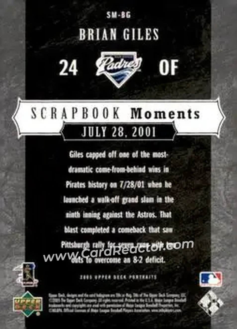 2005 Upper Deck Portraits - Scrapbook Moments #SM-BG - Brian Giles - San Diego Padres - Back 2005 Upper Deck Portraits - Scrapbook Moments #SM-BG - Brian Giles - San Diego Padres - Back