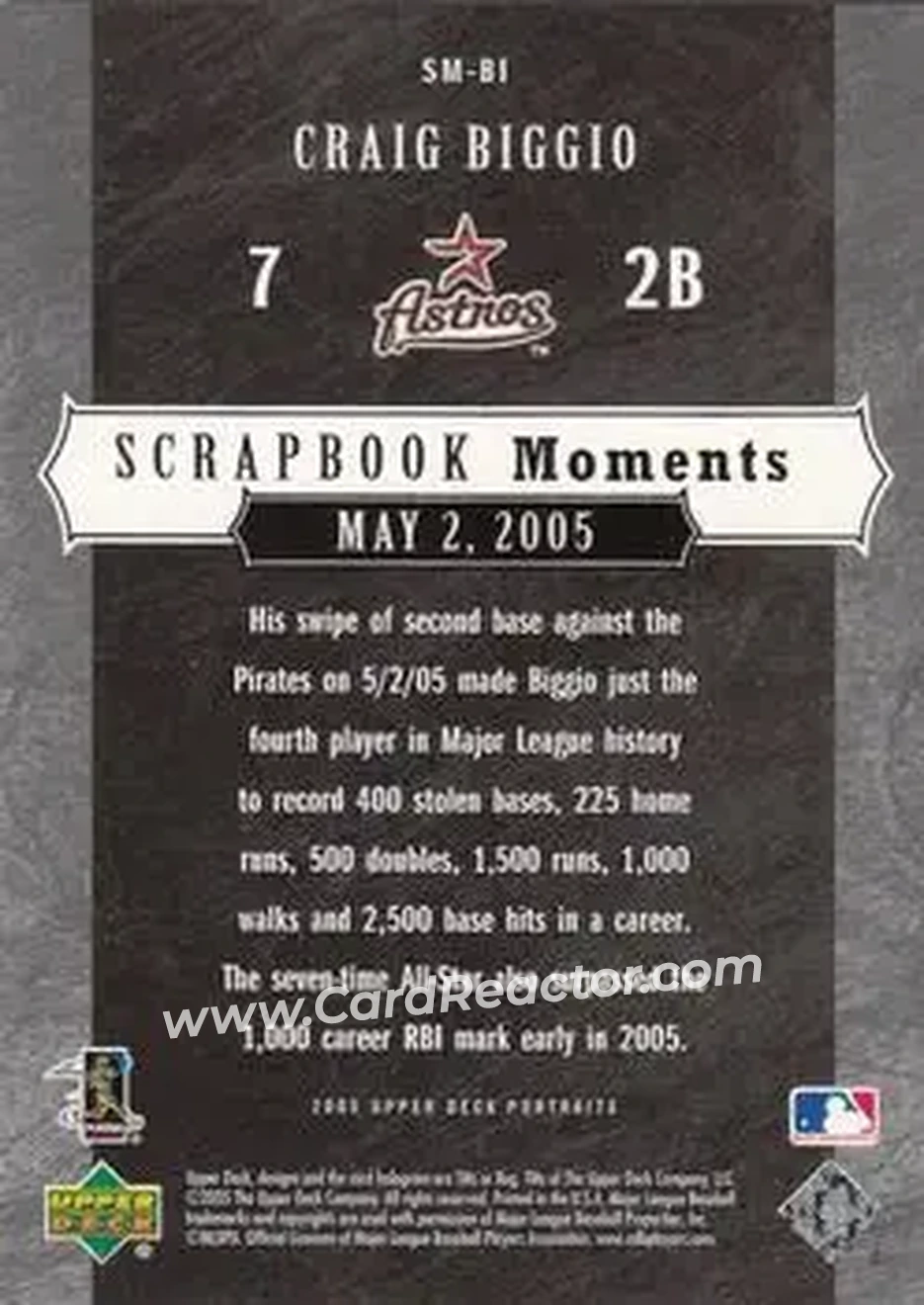 2005 Upper Deck Portraits - Scrapbook Moments #SM-BI - Craig Biggio - Houston Astros - Back