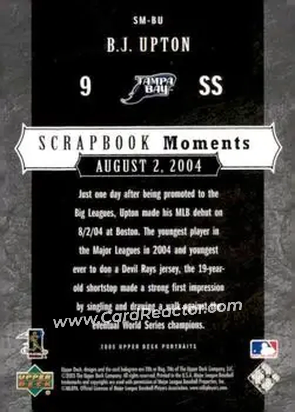 2005 Upper Deck Portraits - Scrapbook Moments #SM-BU - B.J. Upton - Tampa Bay Devil Rays - Back