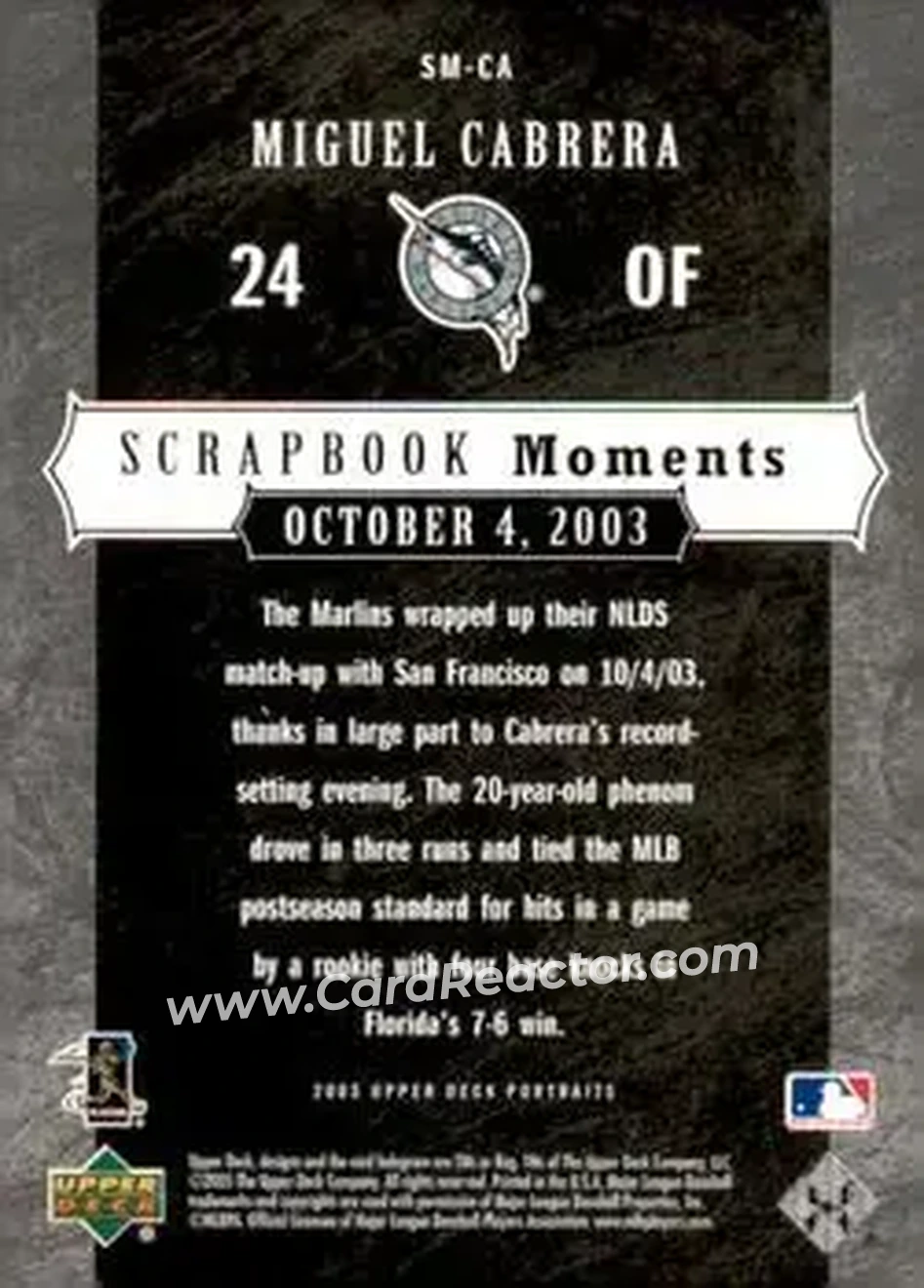 2005 Upper Deck Portraits - Scrapbook Moments #SM-CA - Miguel Cabrera - Florida Marlins - Back