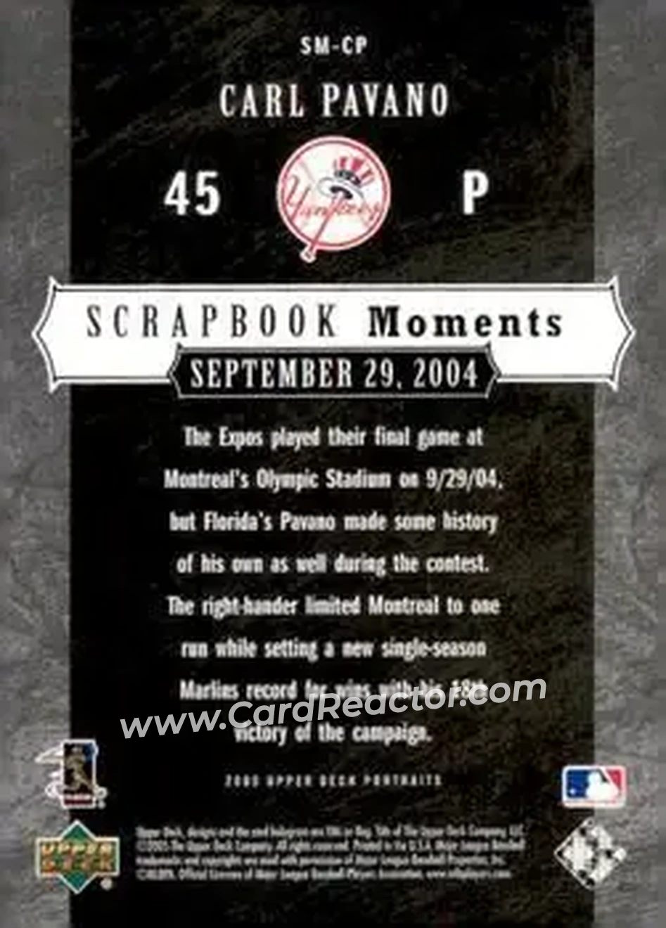2005 Upper Deck Portraits - Scrapbook Moments #SM-CP - Carl Pavano - New York Yankees - Back