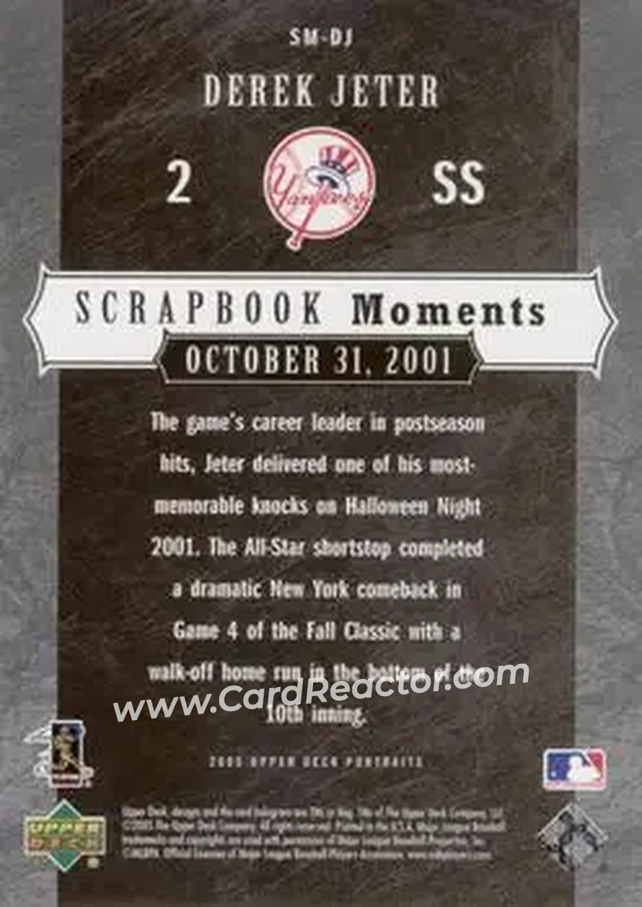 2005 Upper Deck Portraits - Scrapbook Moments #SM-DJ - Derek Jeter - New York Yankees - Back 2005 Upper Deck Portraits - Scrapbook Moments #SM-DJ - Derek Jeter - New York Yankees - Back
