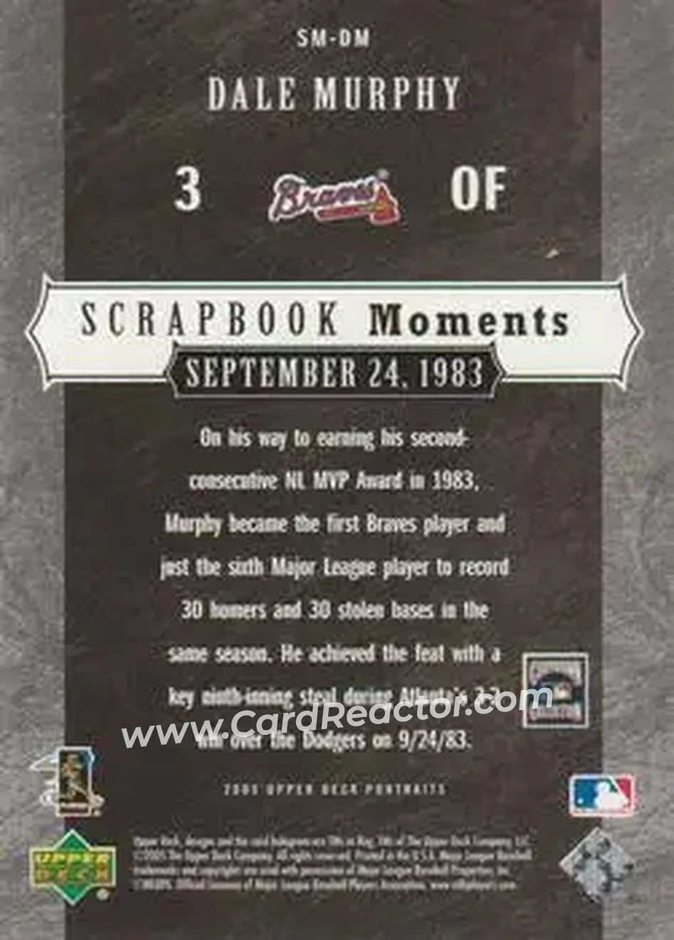 2005 Upper Deck Portraits - Scrapbook Moments #SM-DM - Dale Murphy - Atlanta Braves - Back