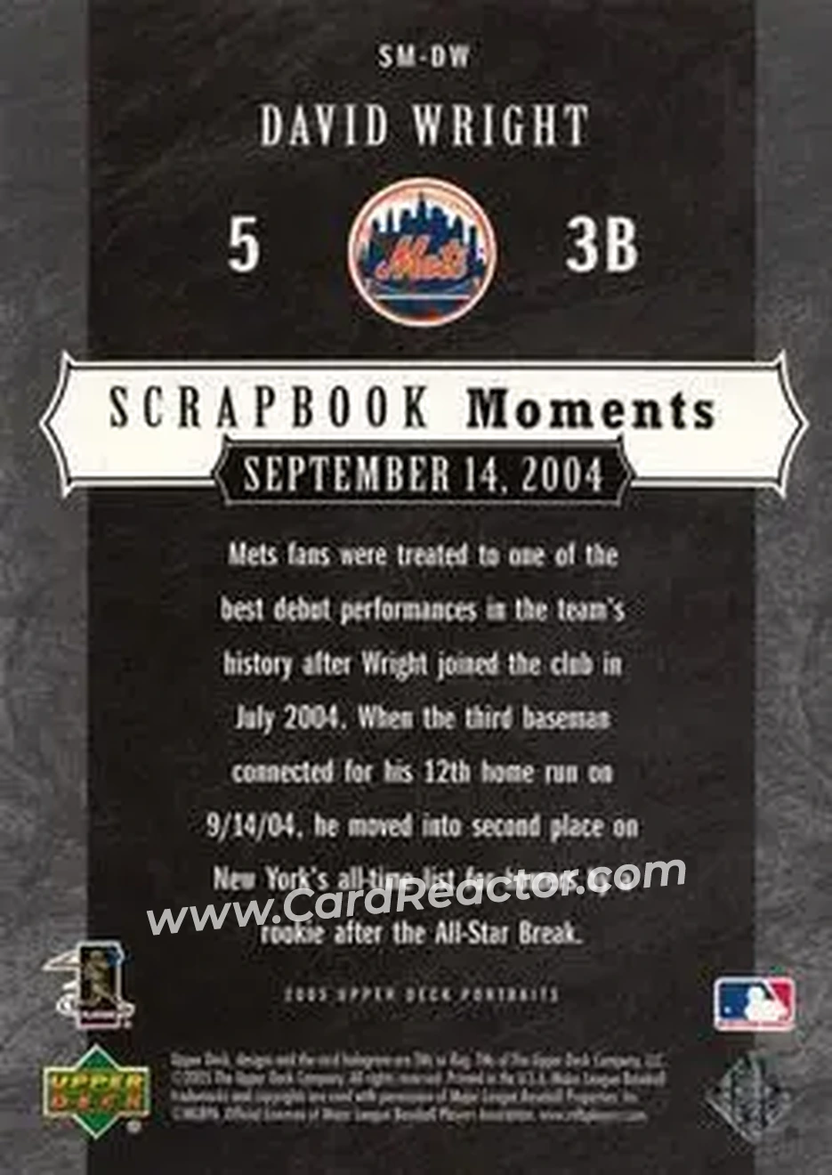 2005 Upper Deck Portraits - Scrapbook Moments #SM-DW - David Wright - New York Mets - Back