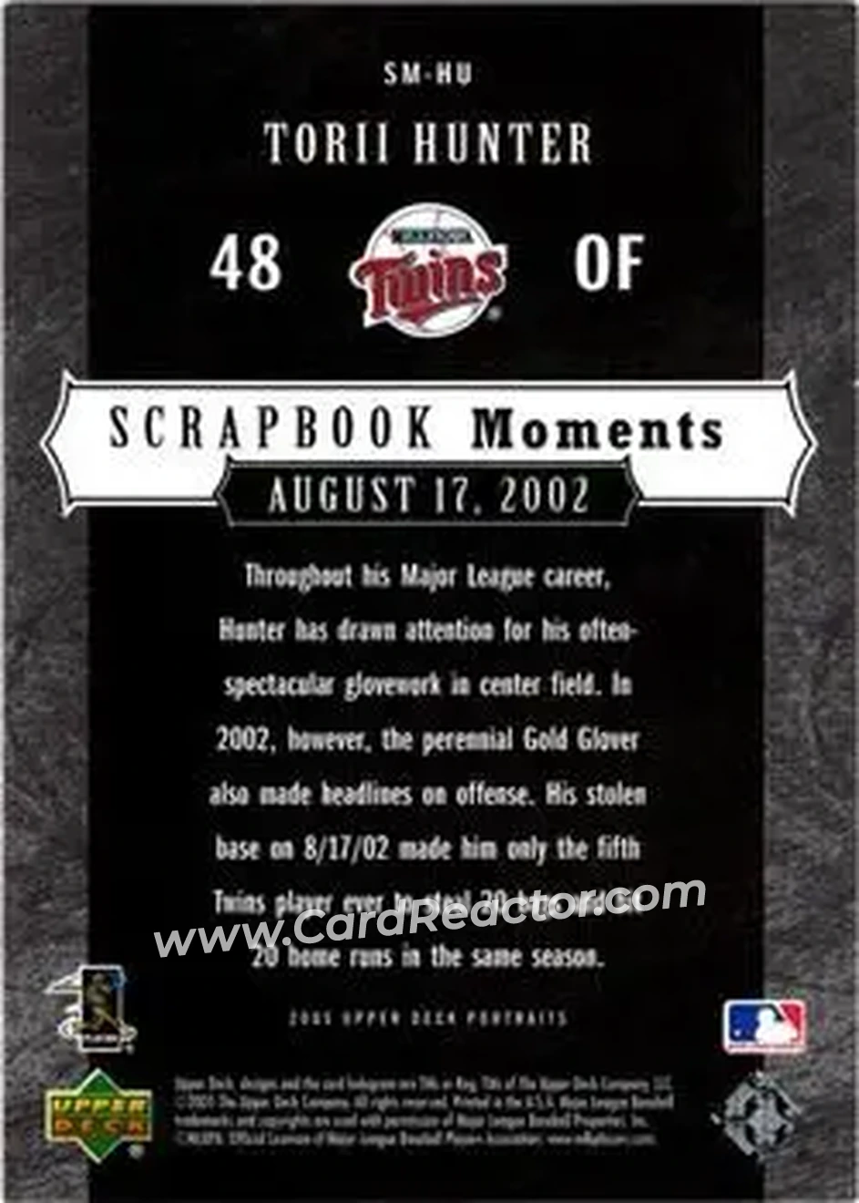 2005 Upper Deck Portraits - Scrapbook Moments #SM-HU - Torii Hunter - Minnesota Twins - Back