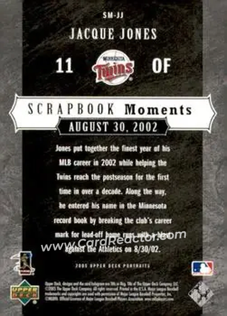 2005 Upper Deck Portraits - Scrapbook Moments #SM-JJ - Jacque Jones - Minnesota Twins - Back